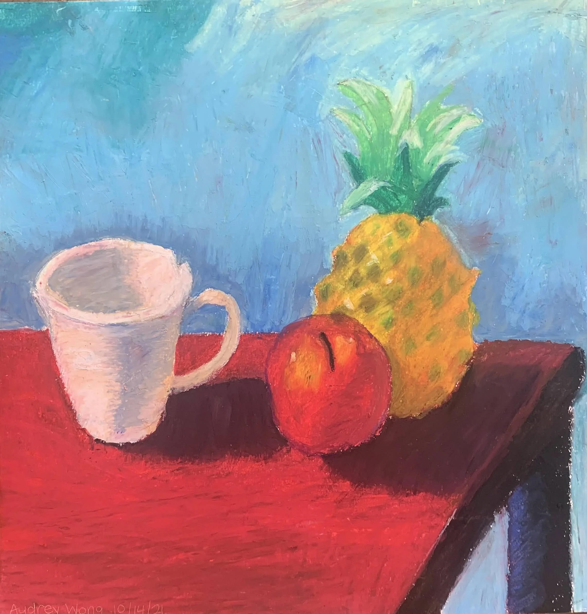 A colorful still life painting of a white coffee mug, a red apple, a yellow pineapple with green leaves, all placed on a red surface with a light blue background.