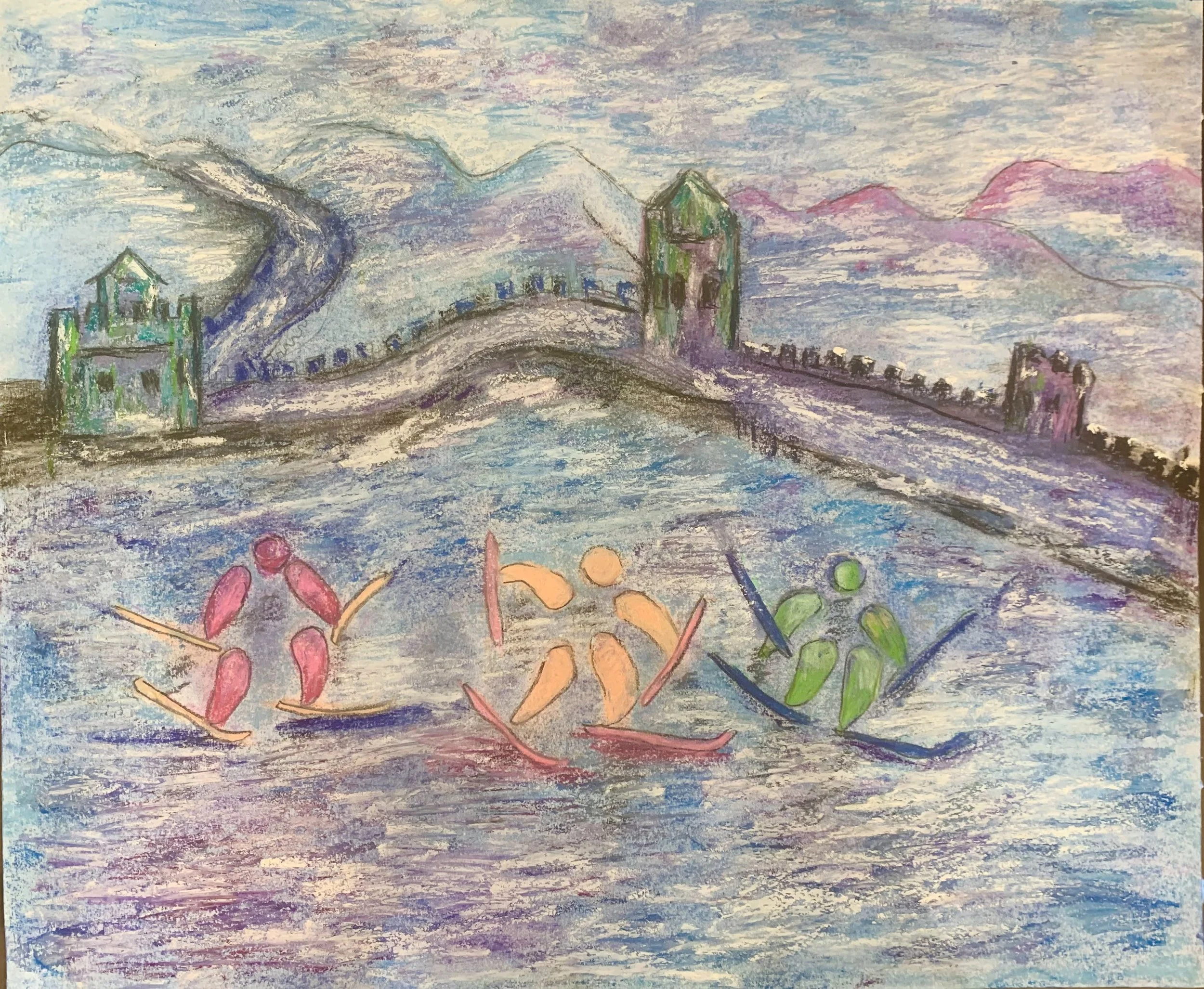 Kids in colorful boat paddling in a body of water, with a castle and mountains in the background.