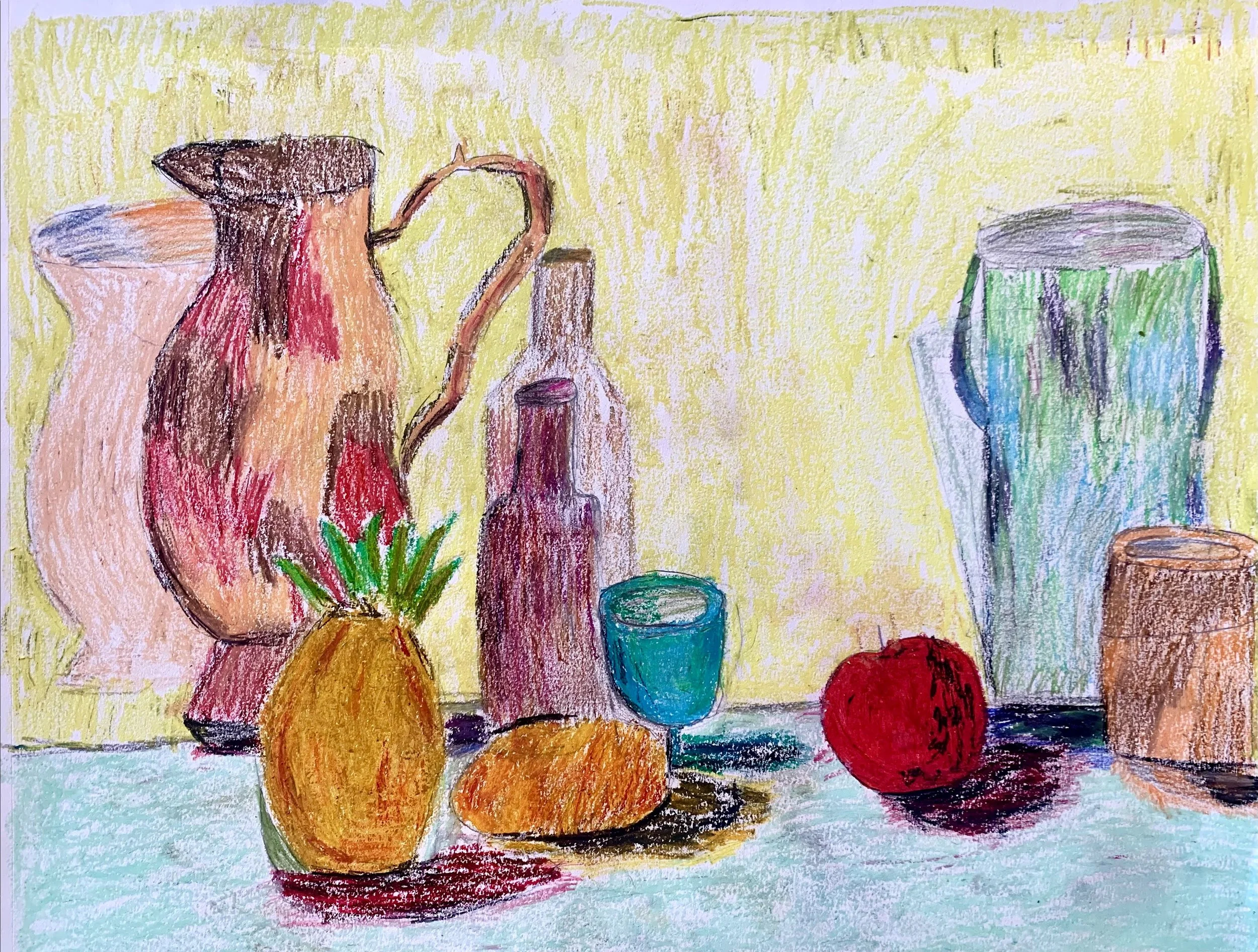 Colorful crayon drawing of various vases, bottles, a pineapple, an orange, an apple, and a glass on a table with a yellow background.