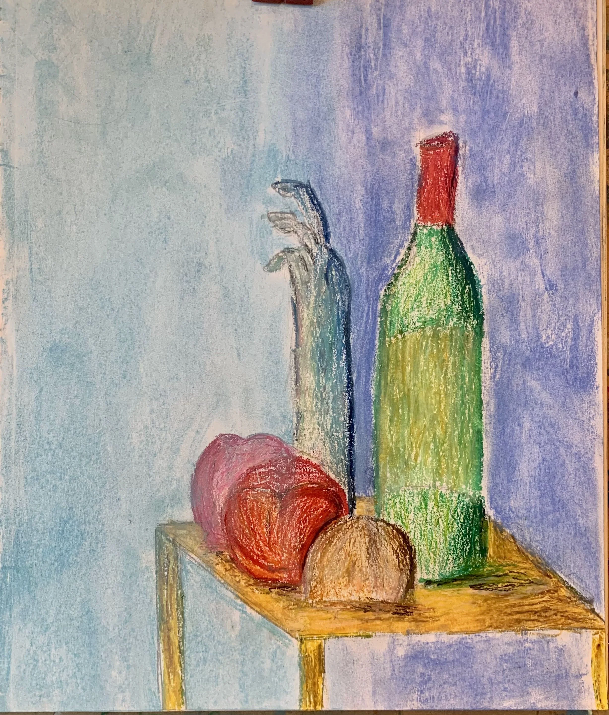 Colored pencil drawing of a still life featuring a green and red wine bottle, three fruits including an apple and a peach, all placed on a yellow table against a blue and purple background.