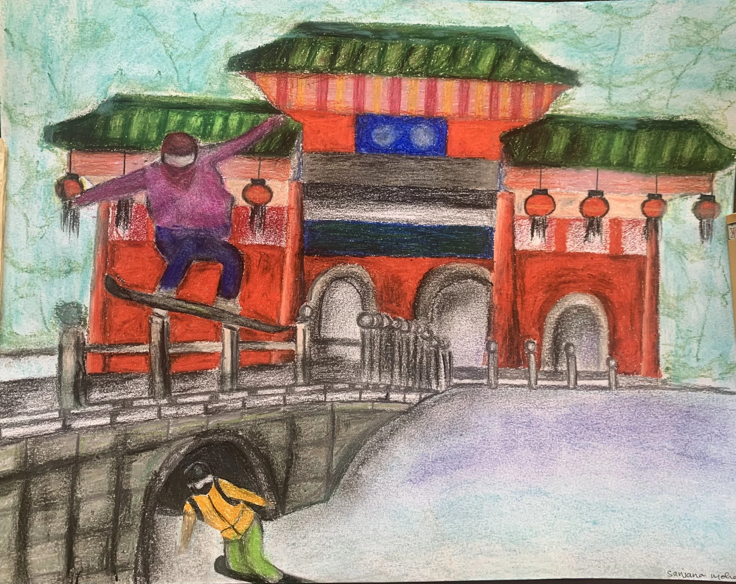 A colorful drawing of a traditional Chinese gate with red walls, green roofs, and hanging lanterns. A person is skateboarding on top of the gate, and another person is standing underneath the gate.