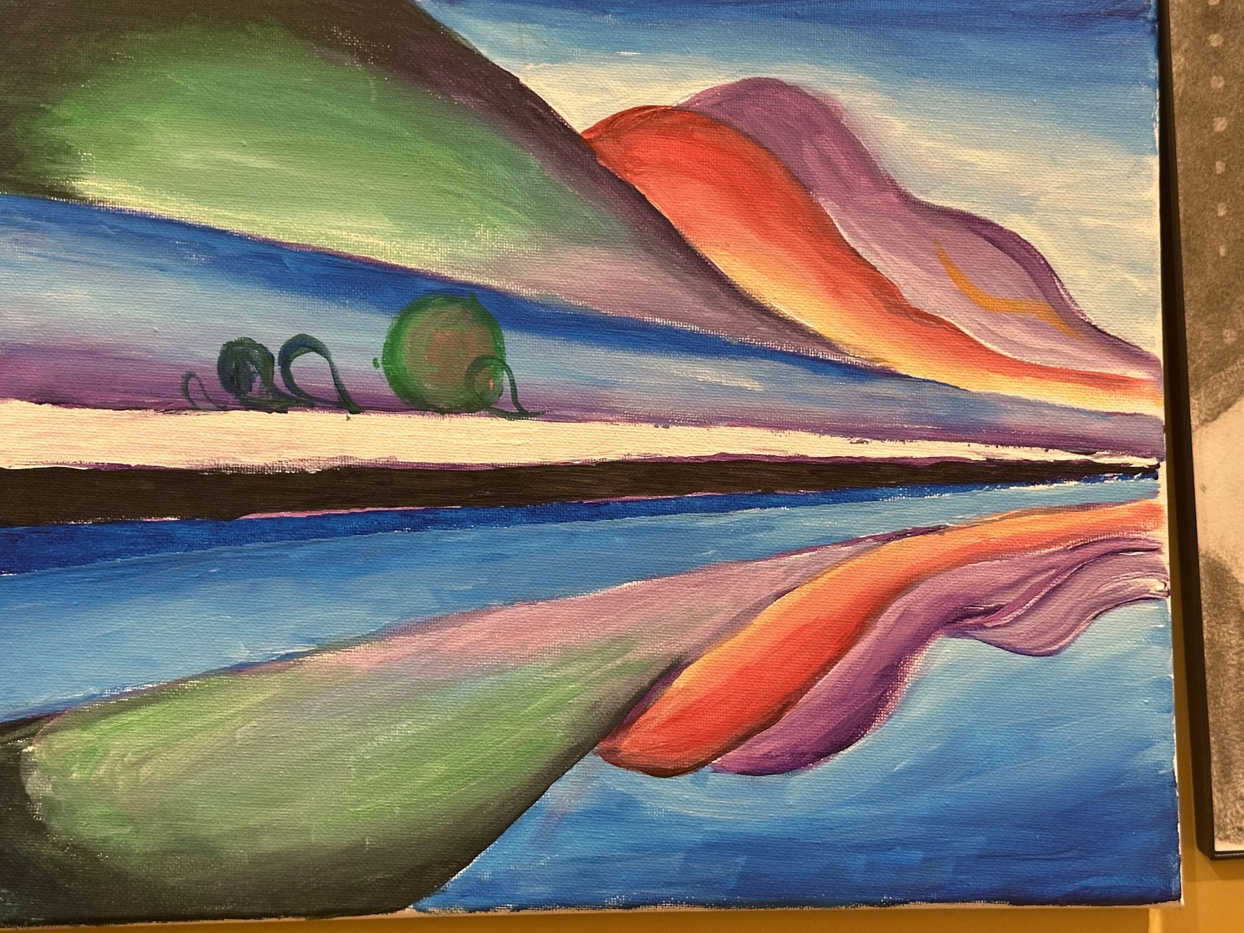 Colorful landscape painting featuring Mountains, a lake, and trees reflected in the water.