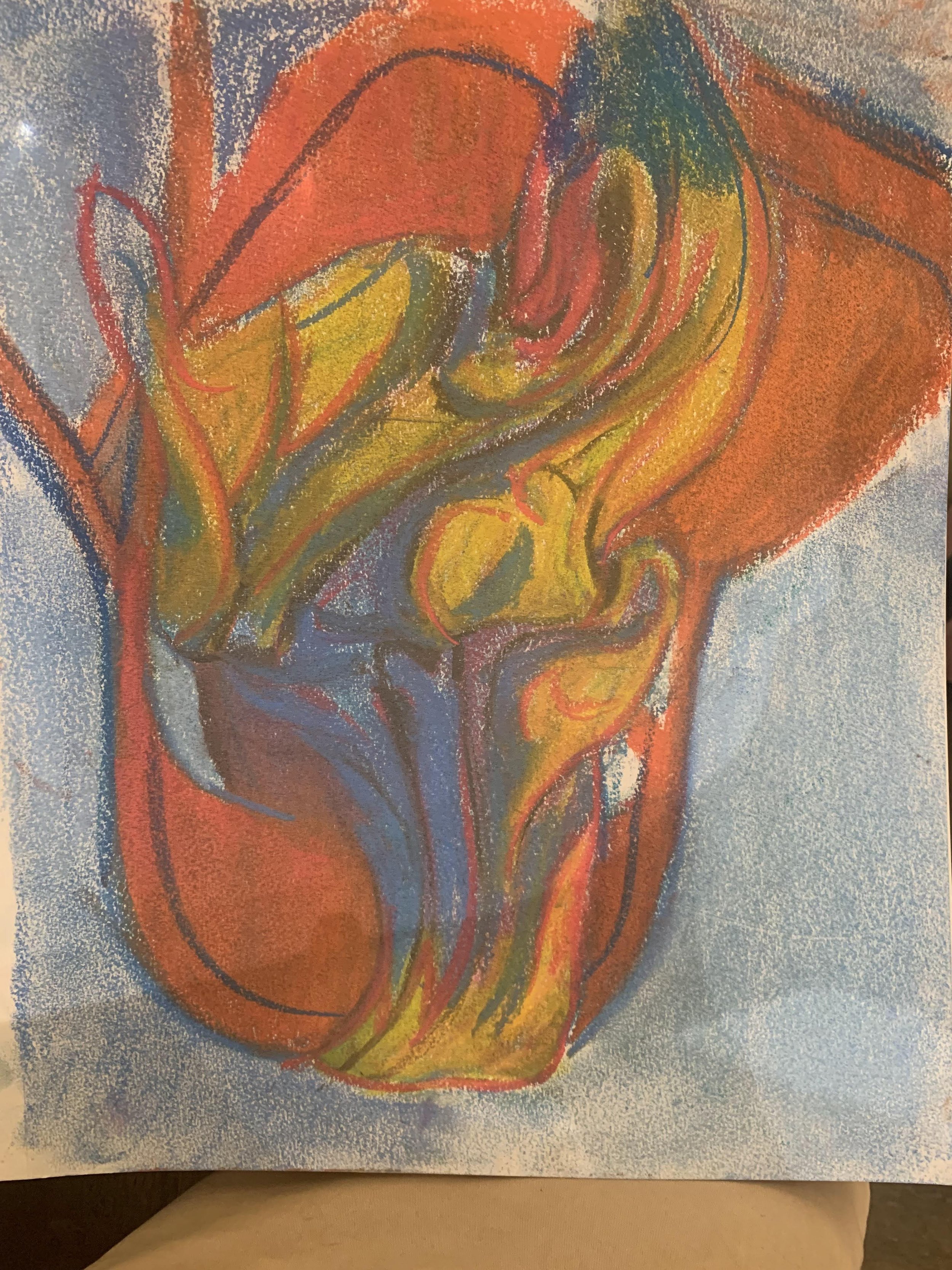 Abstract colorful painting with warm tones of red, yellow, and orange, with blue and green accents.