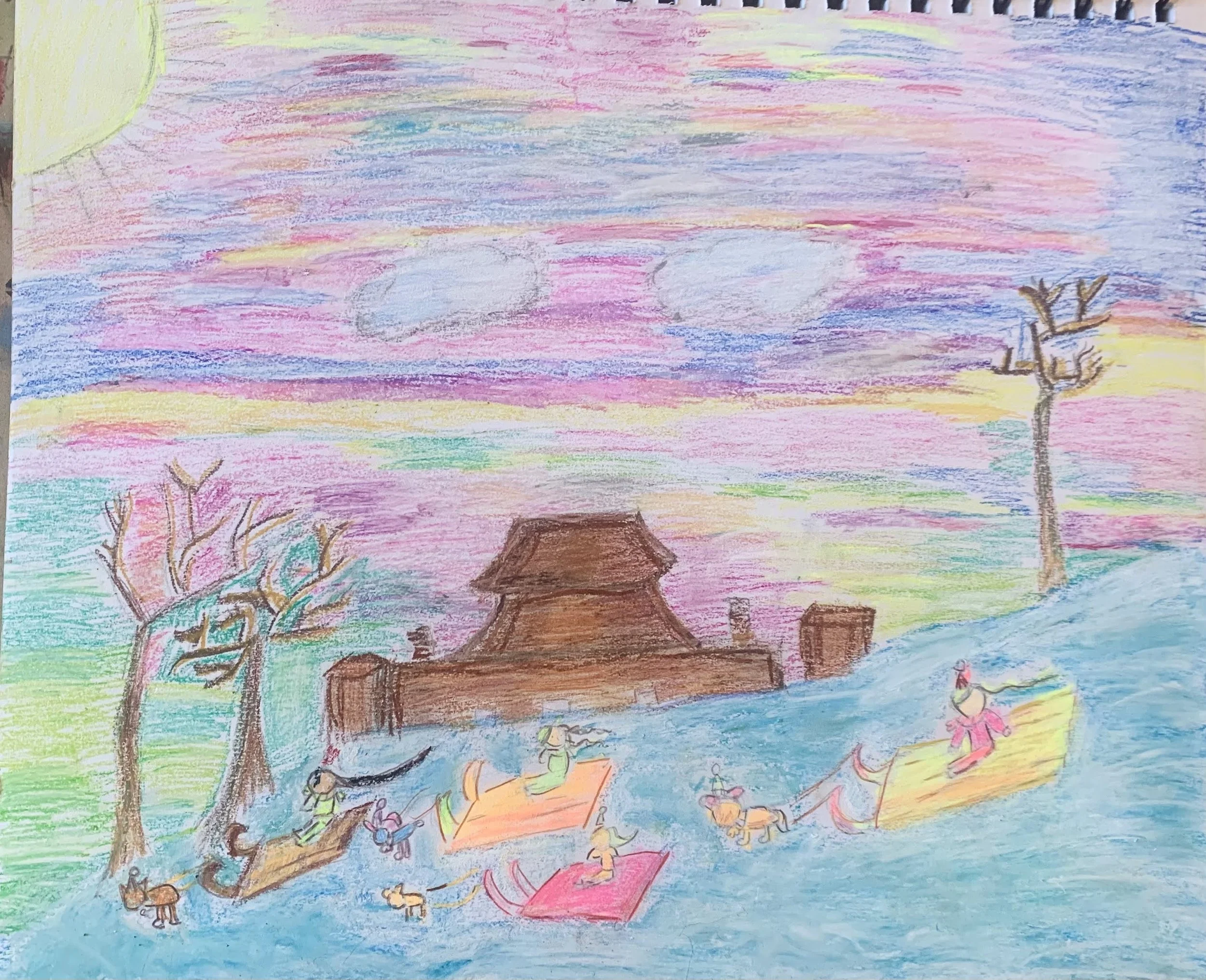 Colorful childlike drawing of a sunset with pink, purple, blue, and yellow sky, a house, trees, and children in boats on water.