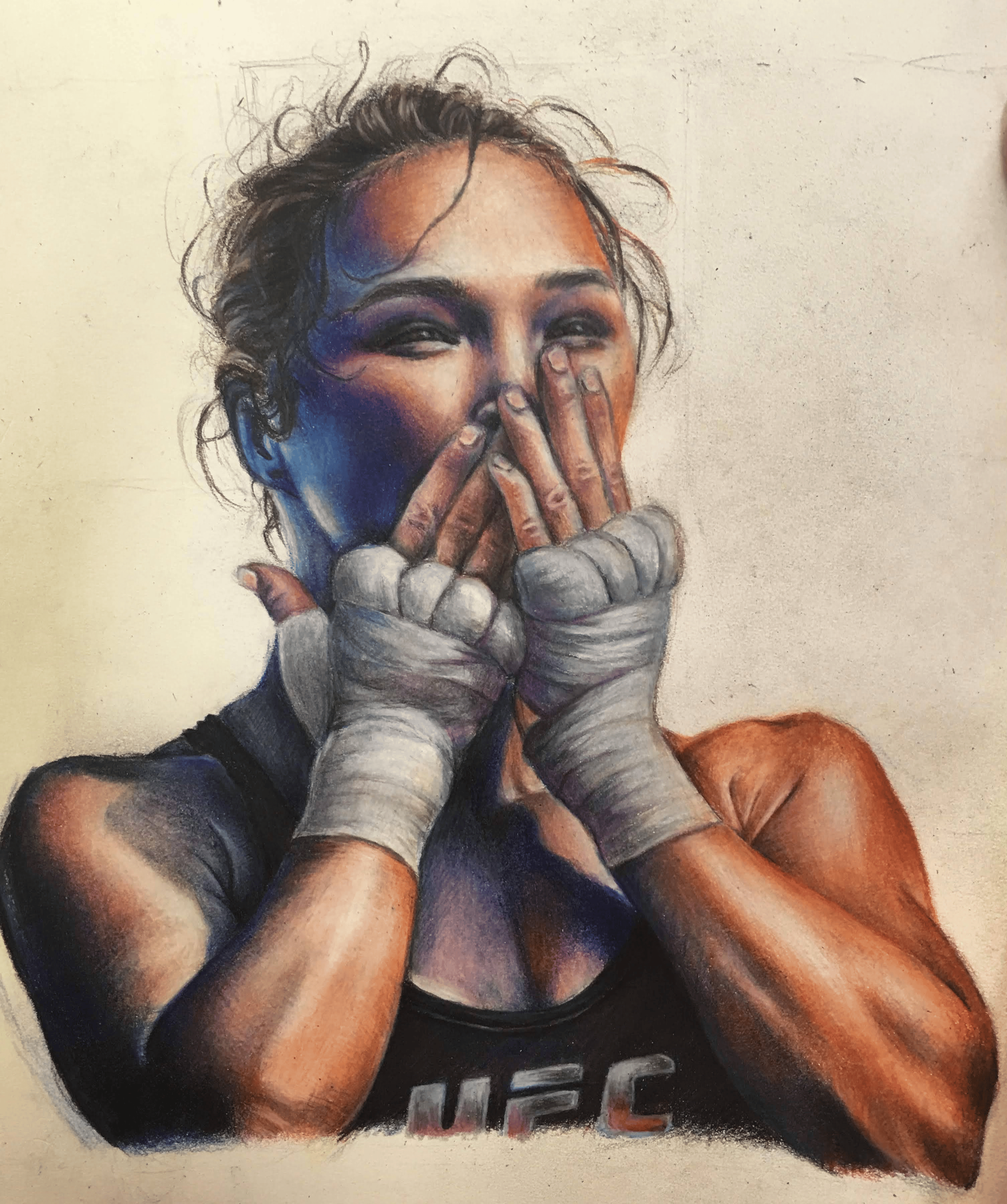 Colorful painting of a woman with her face partially covered by her hands and wrapped hands in her face, wearing a UFC tank top. The woman has short, curly hair and is depicted with a mix of warm and cool lighting.