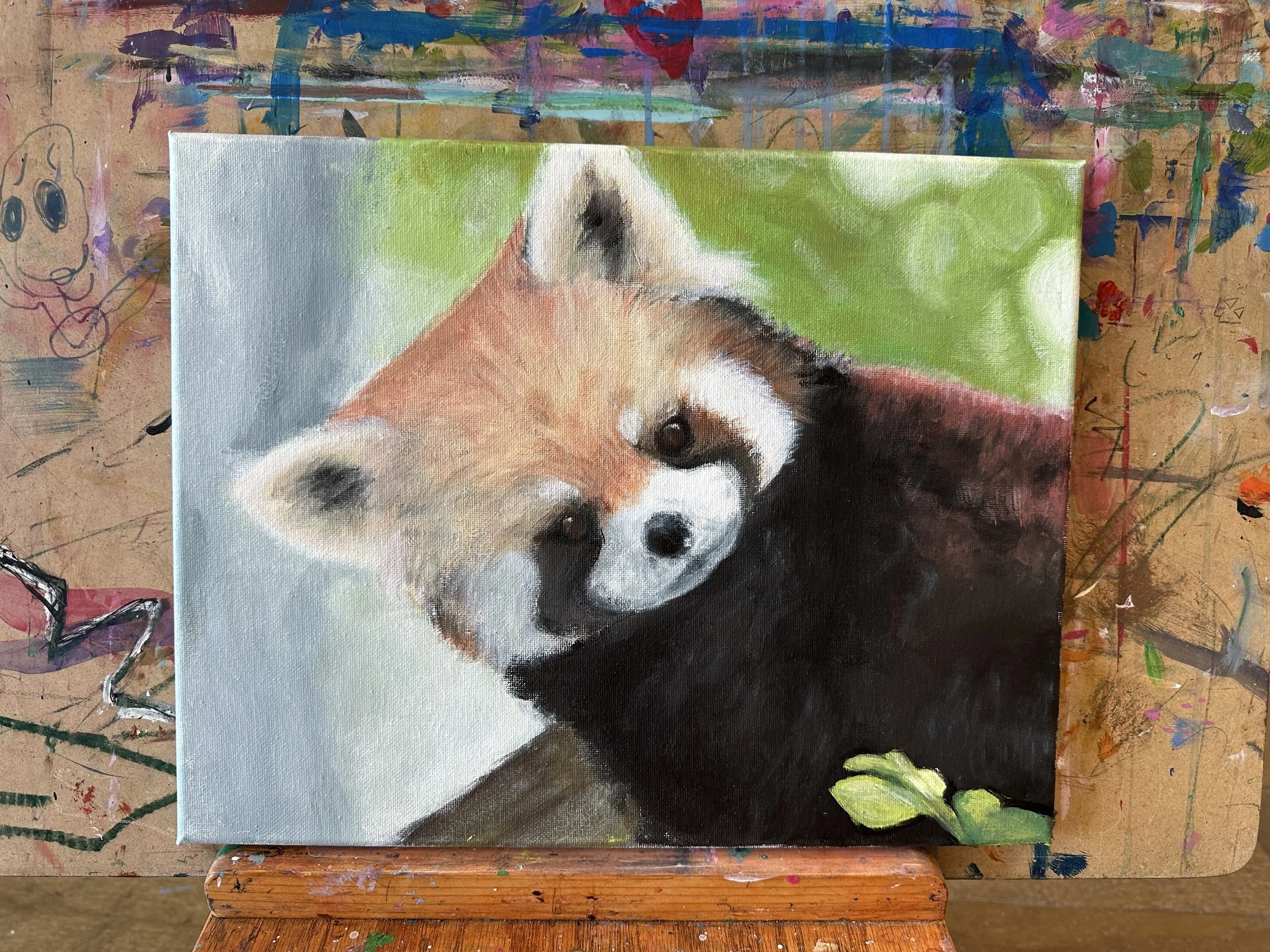 Painting of a red panda leaning on a tree branch with a green background.