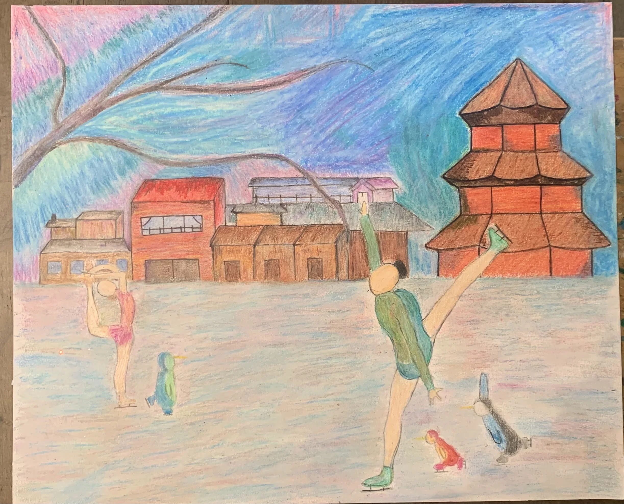 Colorful drawing of a town with traditional and modern buildings, a large tree branch over the scene, a person practicing ballet with arms raised, a child watching, a dog on a leash, and a person with long hair and a backpack striking a dance pose in