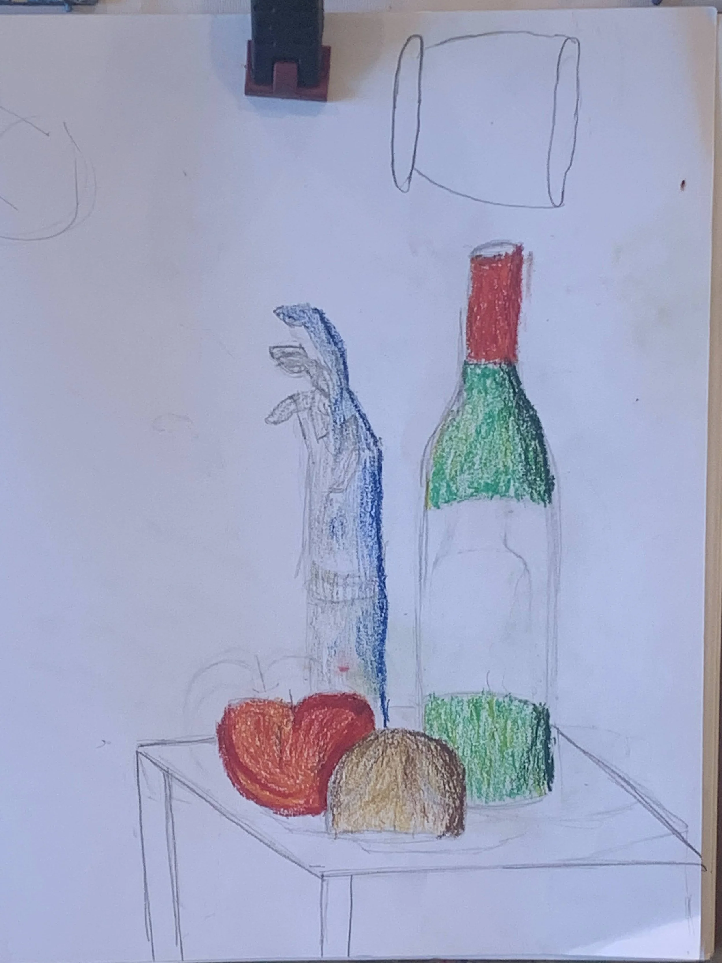 Child's coloring page with a partially colored bottle, a blue dinosaur, a red apple, and a brown pit, with a rough sketch of a cup above.