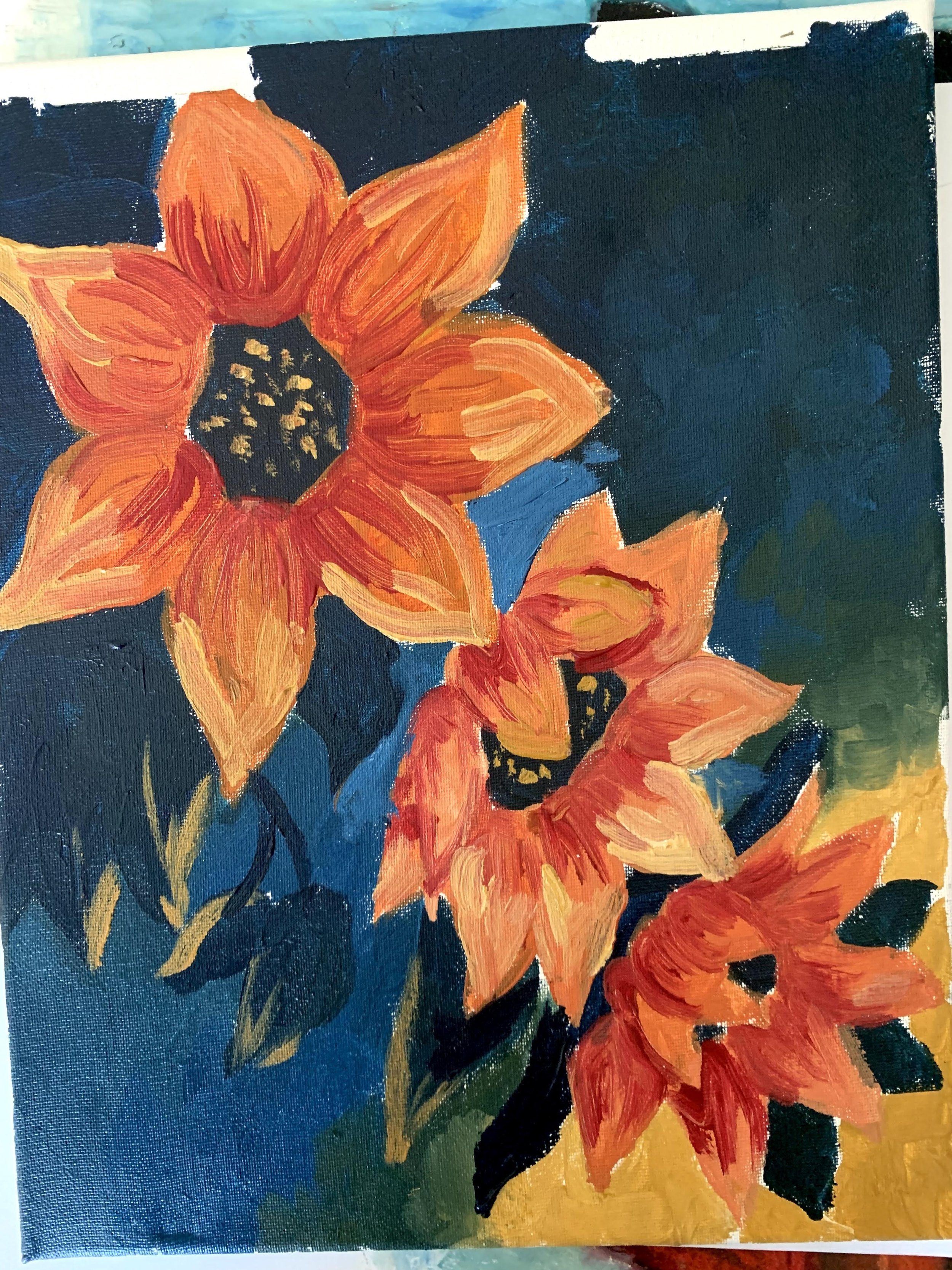 Painting of three orange and red flowers with dark centers against a multicolored background.