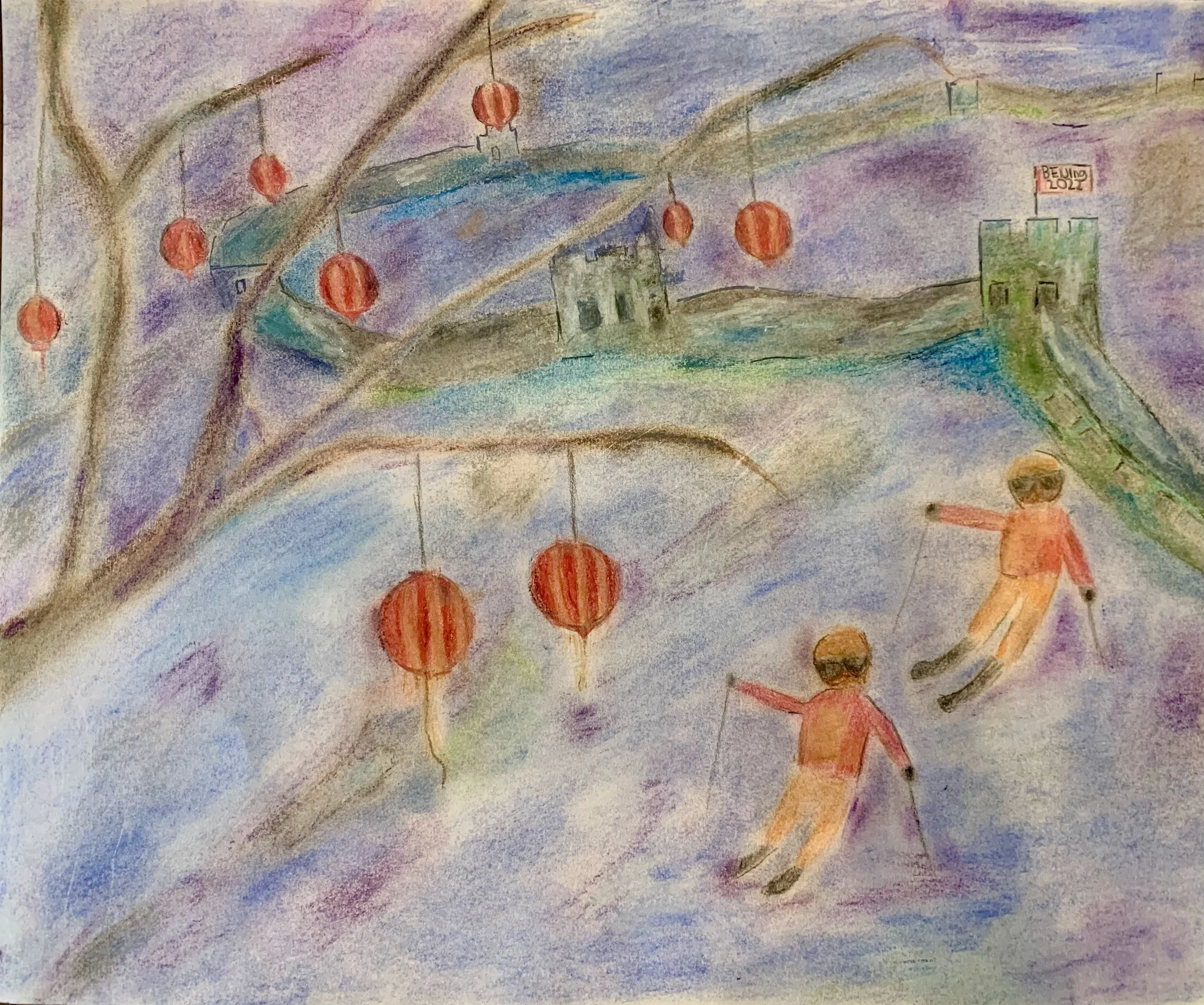 A colorful watercolor painting of a winter scene with two skiers in orange jackets and dark pants skiing downhill, with red lanterns hanging from tree branches. In the background, there are hills with buildings, including one with a sign that reads '