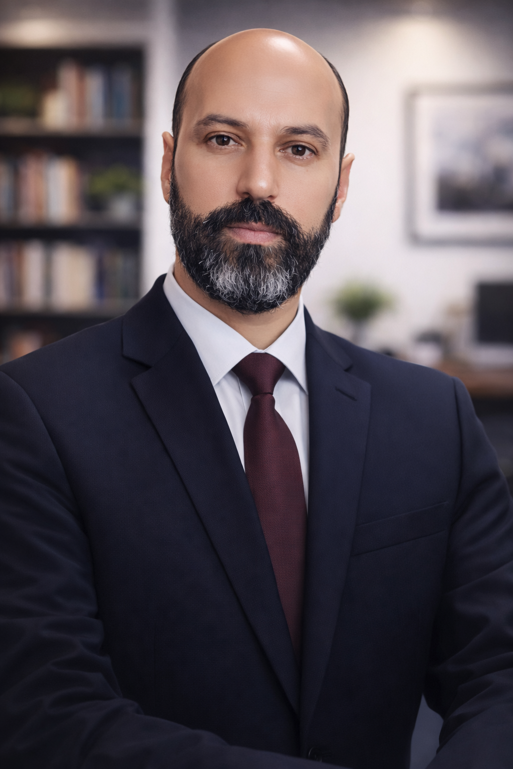 Hombre de negocios con barba y barba canosa, con traje oscuro, camisa blanca y corbata vino, en un despacho u oficina.