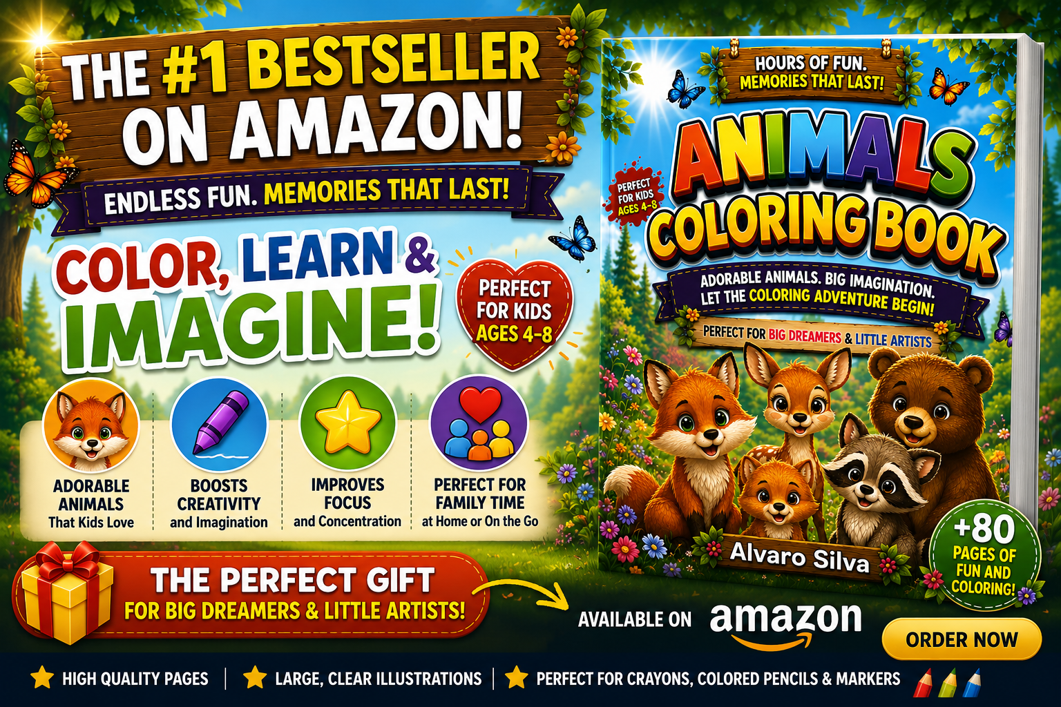 Anuncio del libro para colorear con animales adorables para niños, con perfil colorido y detalles en fondo de bosque y árboles, promoviendo diversión y creatividad, disponible en Amazon.