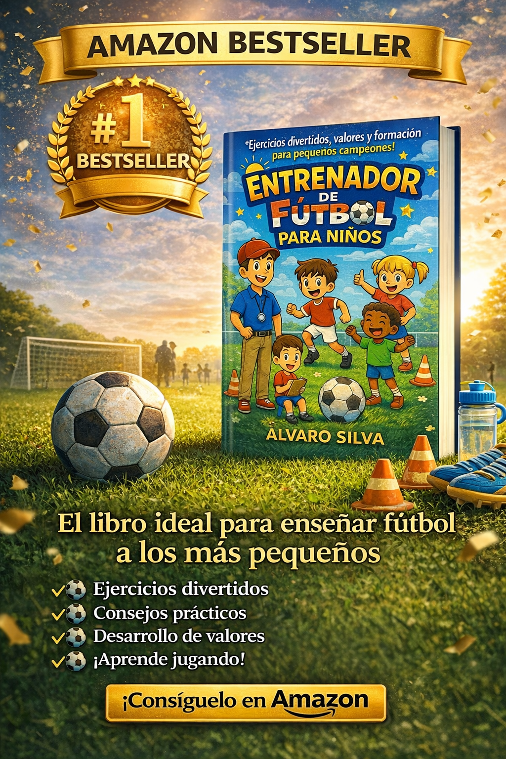 Imagen de un libro titulado "Entrenador de Fútbol para Niños" de Álvaro Silva, rodeado de objetos relacionados con el fútbol en un campo, con un fondo de cielo y árboles. Se destaca un medallón dorado que indica que es un bestseller número uno en Amazon.