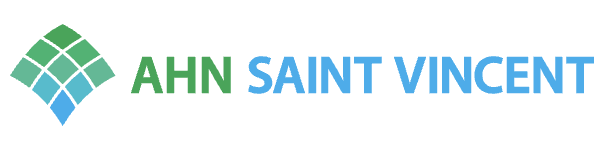 Logo with green geometric shape and blue text reading 'AHN Saint Vincent'.