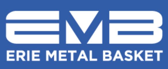 Logo of Erie Metal Basket with blue background and white text.