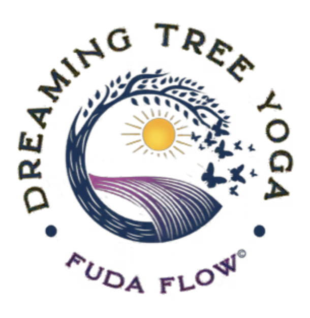 Logo with a swirling tree, a sun, and birds, with the text 'Dreaming Tree Yoga' and 'Fuda Flow' surrounding it.