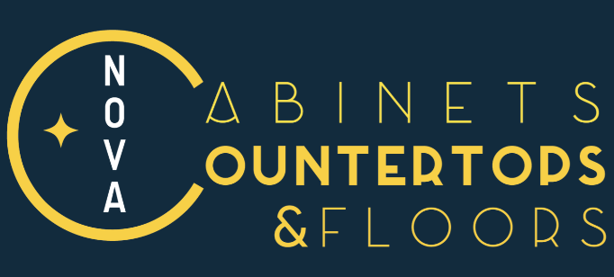 Logo with yellow and white text on a dark blue background that reads "Nova Cabinets, Countertops & Floors" with a circular design around the word "Nova."