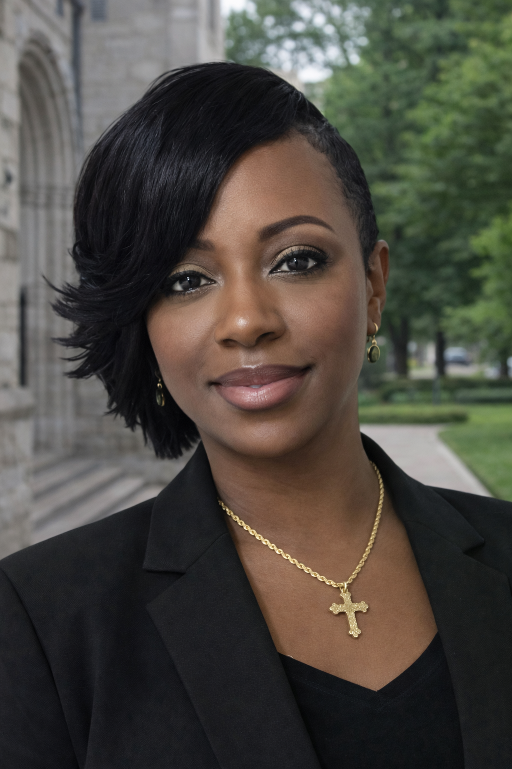 A woman with short black hair, wearing a black blazer, gold earrings, and a gold cross necklace, standing outdoors near a stone building and green trees.