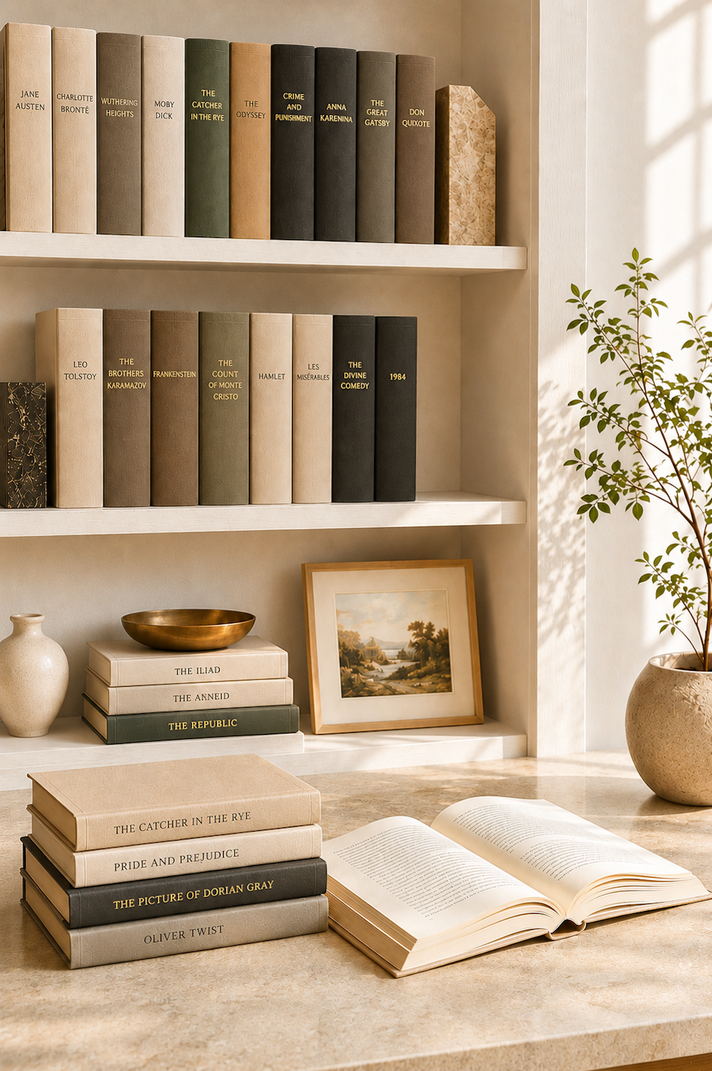 Warm reading space with curated classic literature collection
