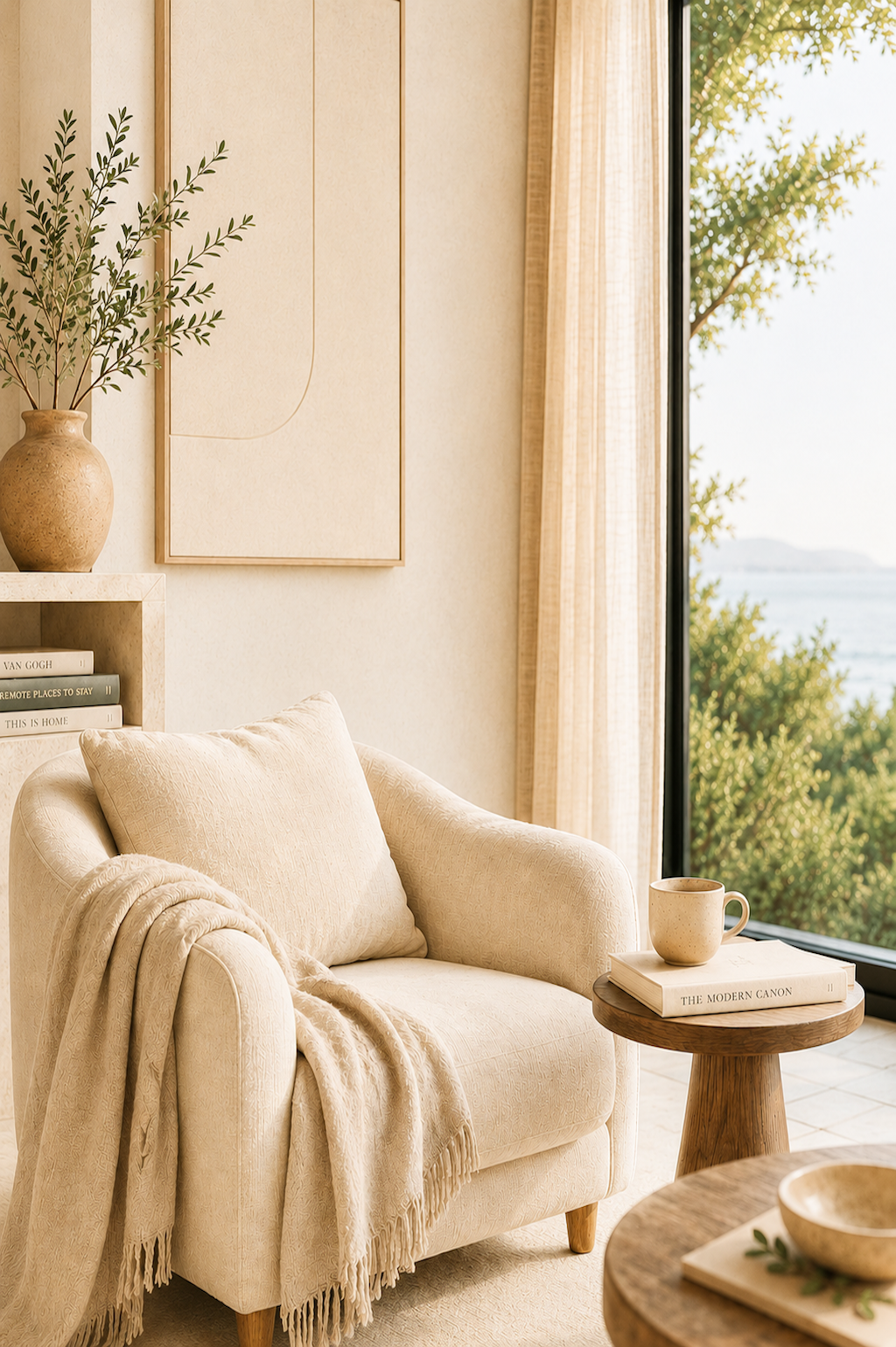Quiet reading chair in a warm, sunlit reading space