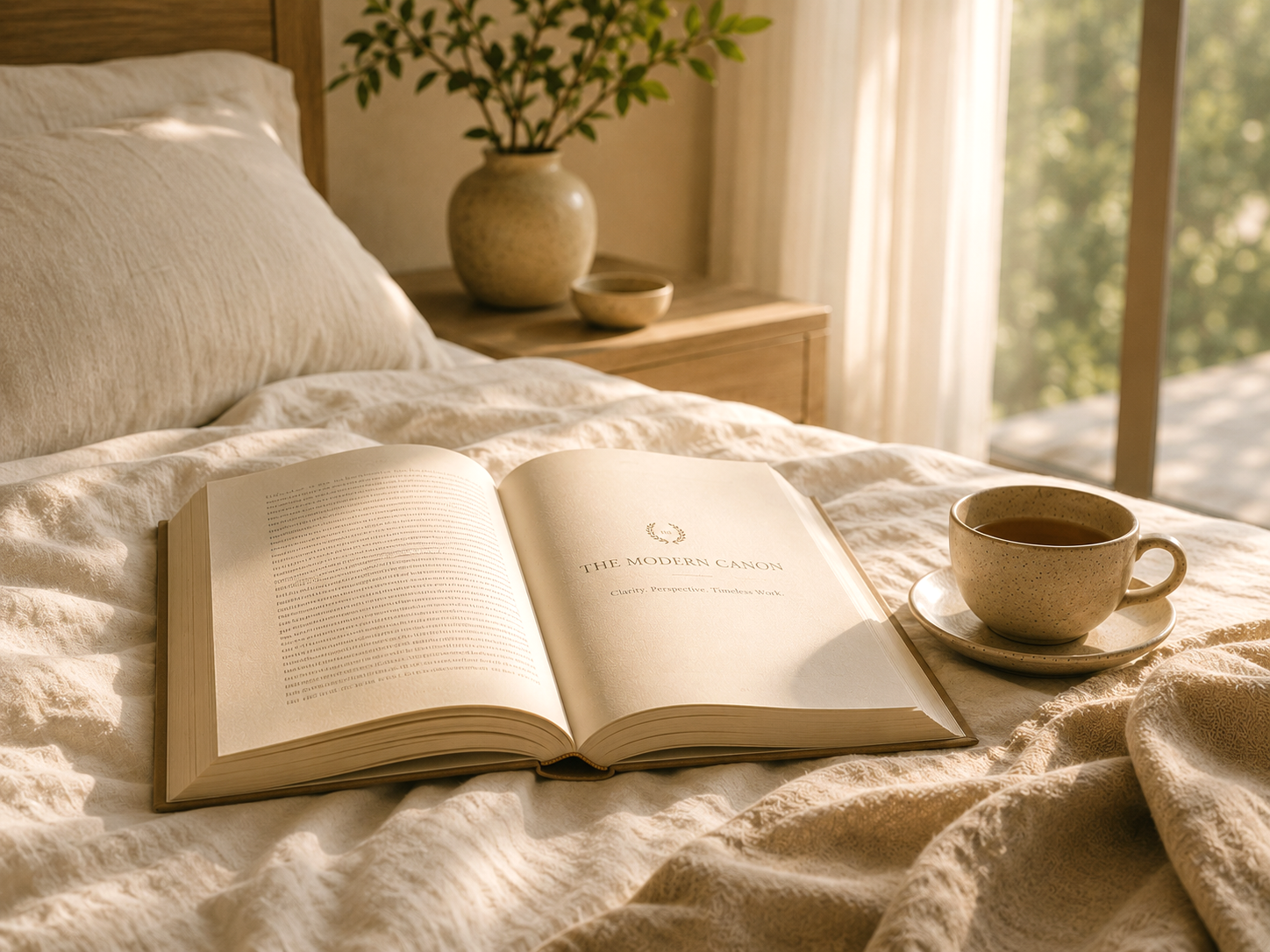 Open Modern Canon book beside tea in a warm morning reading setting