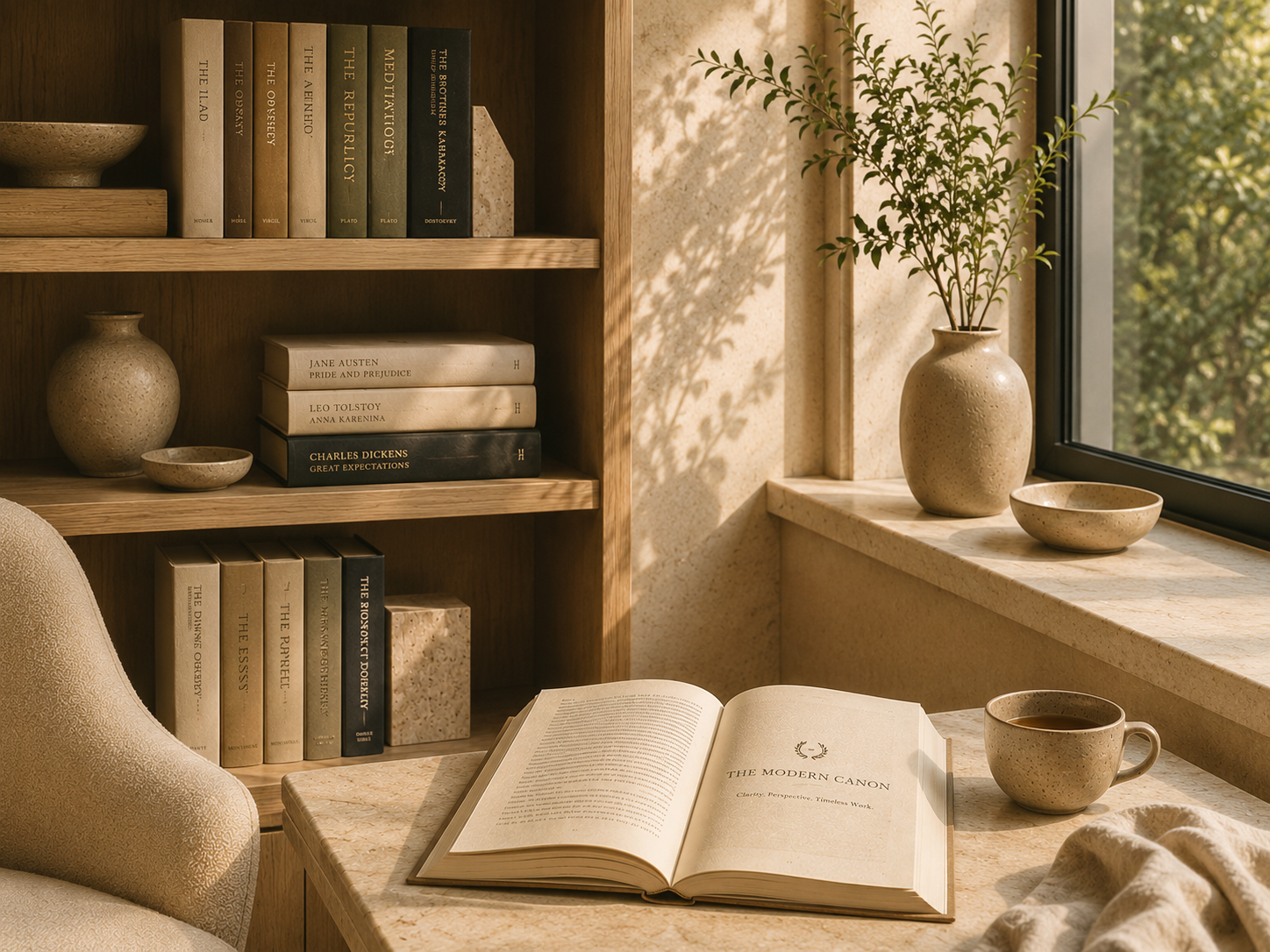 Warm reading space with open Modern Canon book and curated classic literature