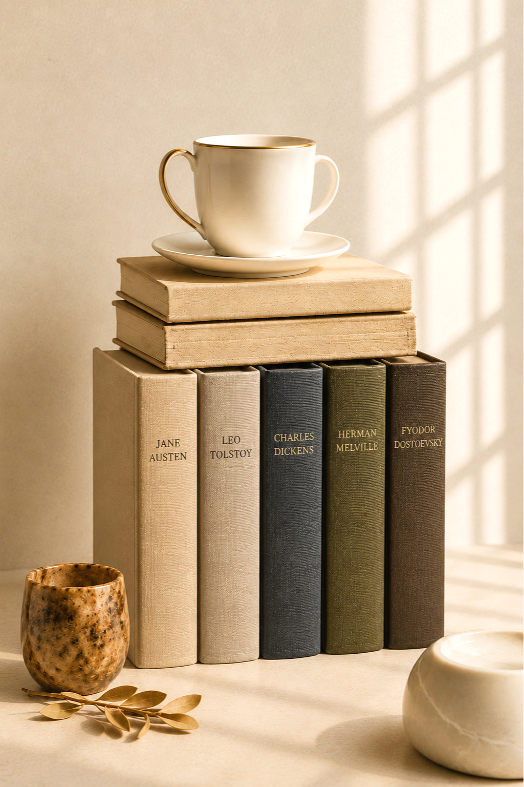 Stack of classic literature books in warm natural light