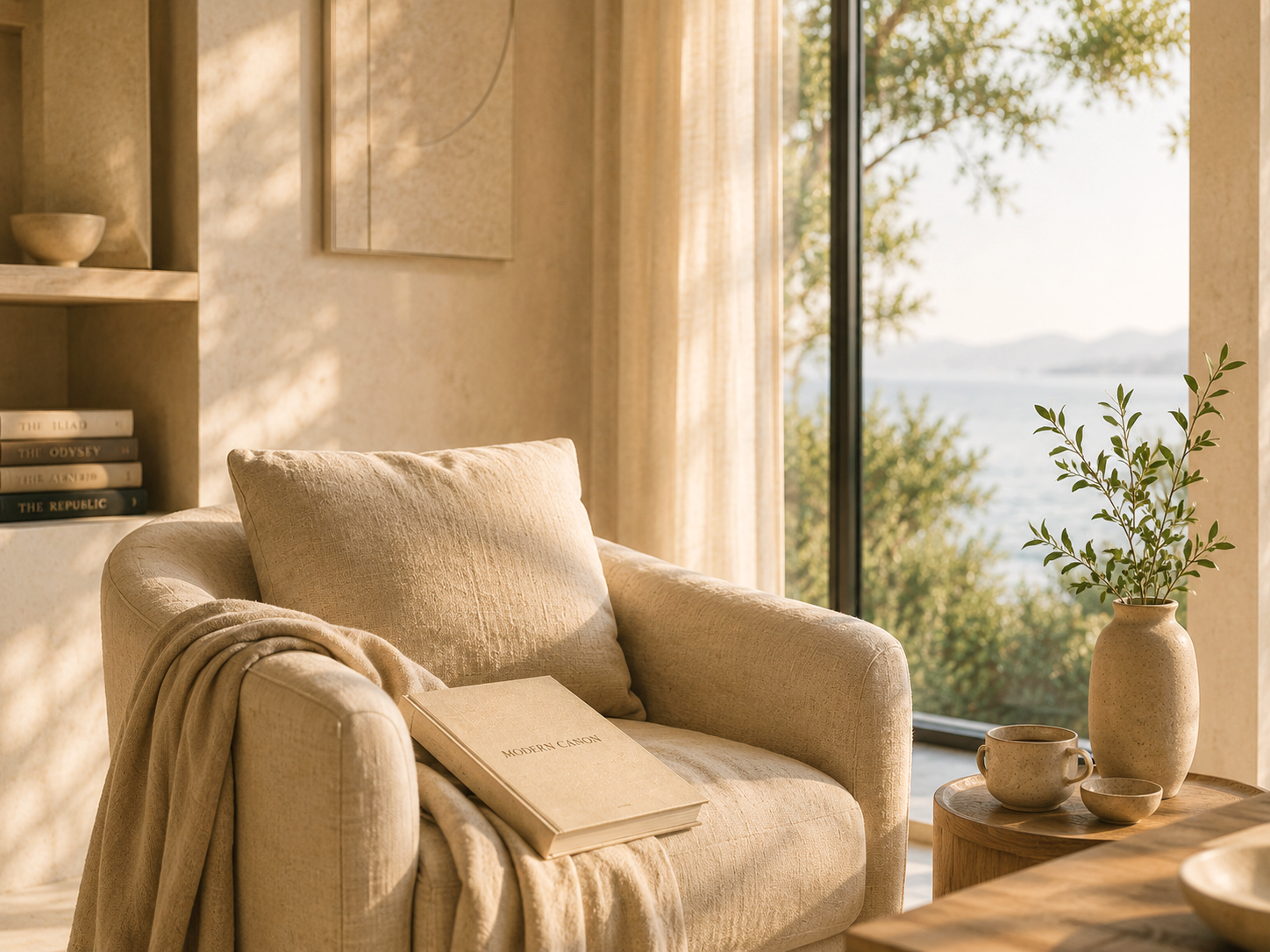 Quiet reading chair with Modern Canon book in warm natural light