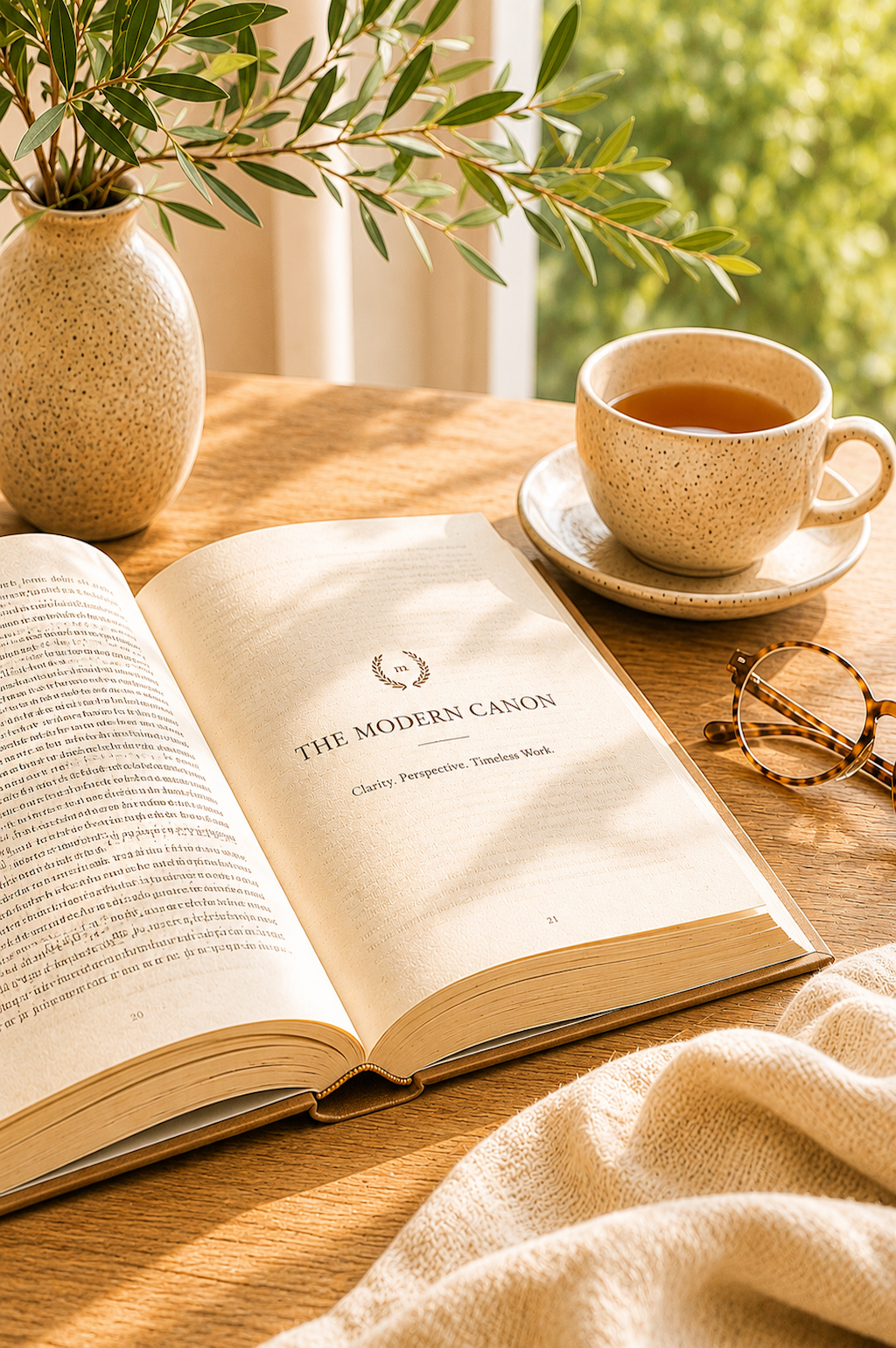 Open Modern Canon book beside coffee in warm natural light