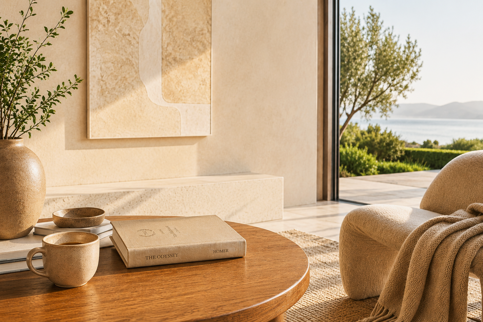 Classic book resting in a warm, sunlit reading space overlooking nature