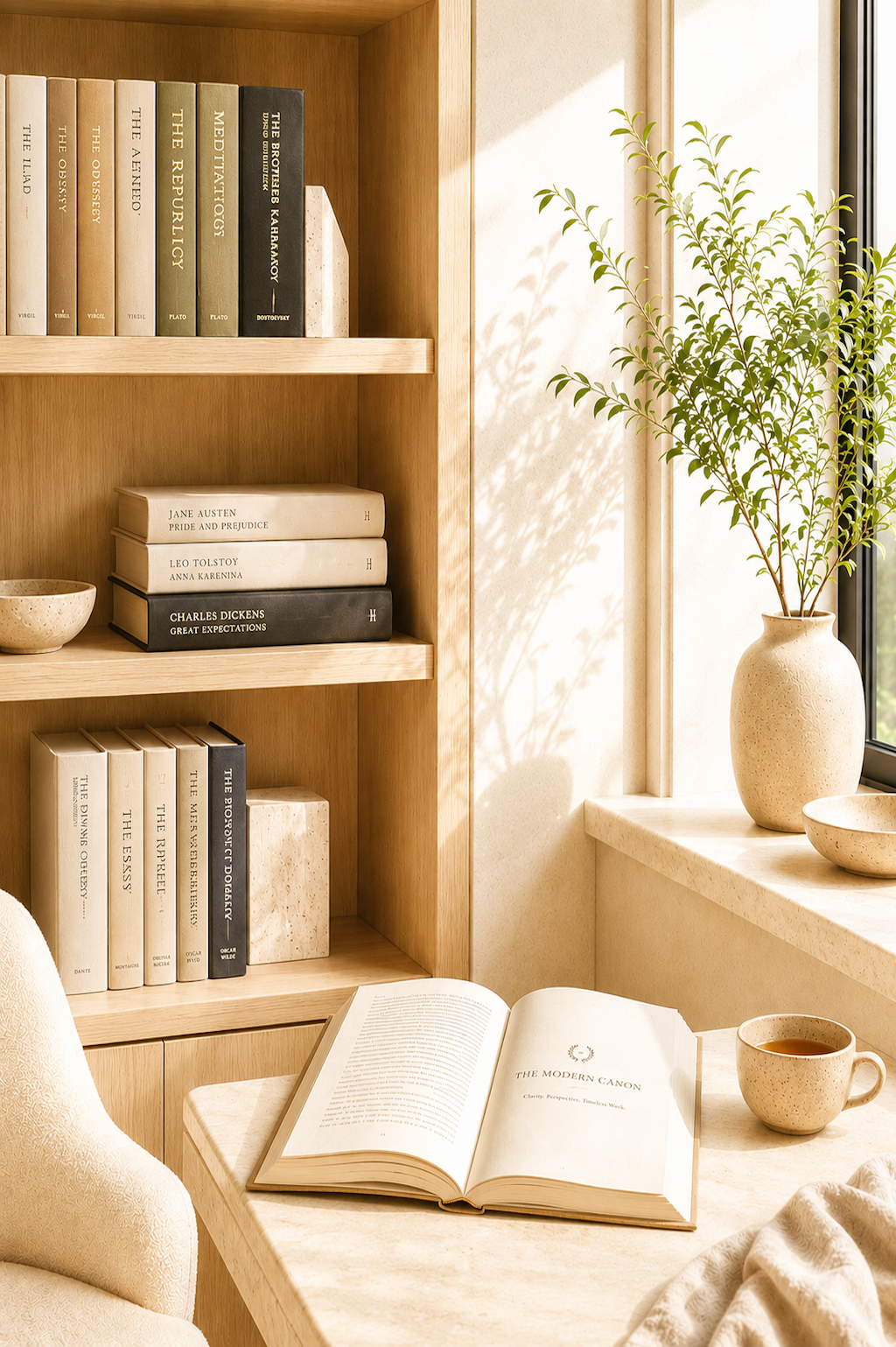 Warm reading space with open book and curated classic literature