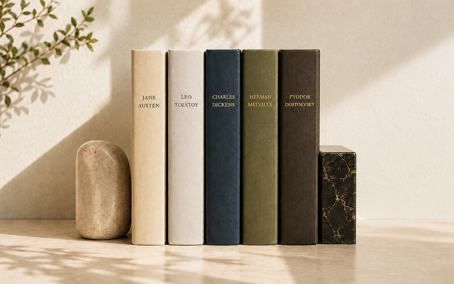 Curated collection of classic authors’ books in a warm, minimalist reading setting