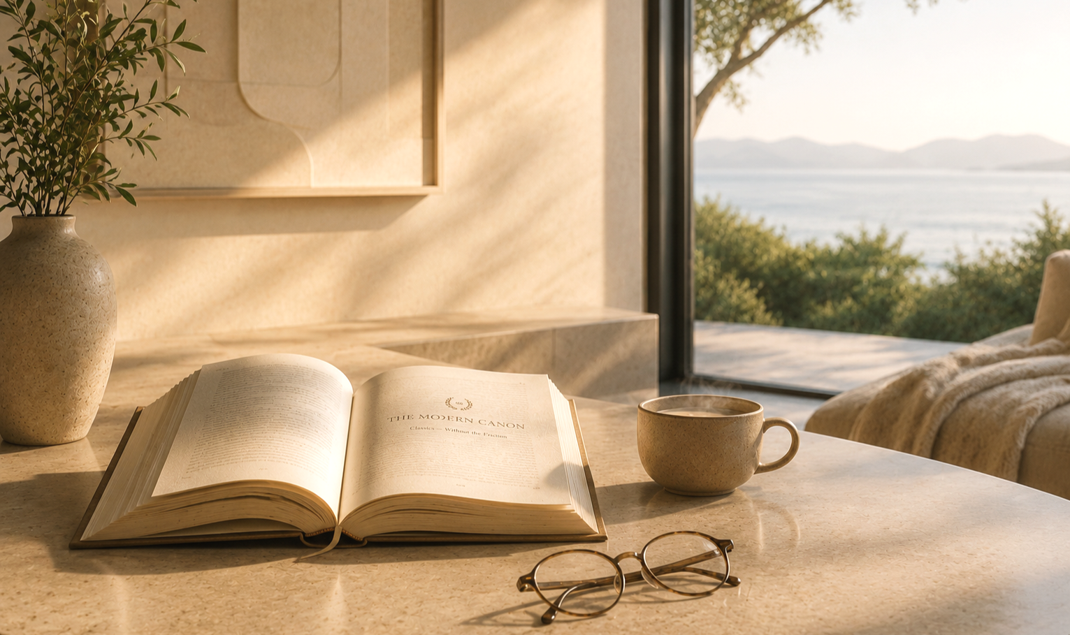 Open Modern Canon book beside tea in a warm reading space overlooking nature