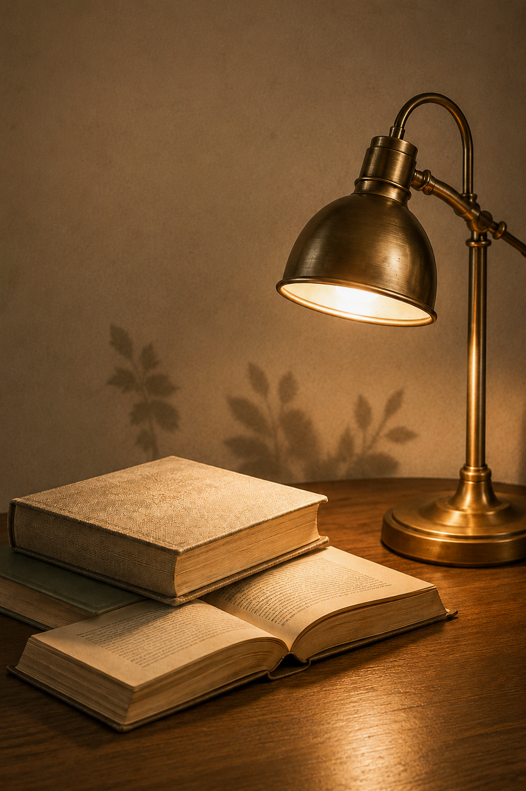 Books and reading lamp in a warm evening reading setting