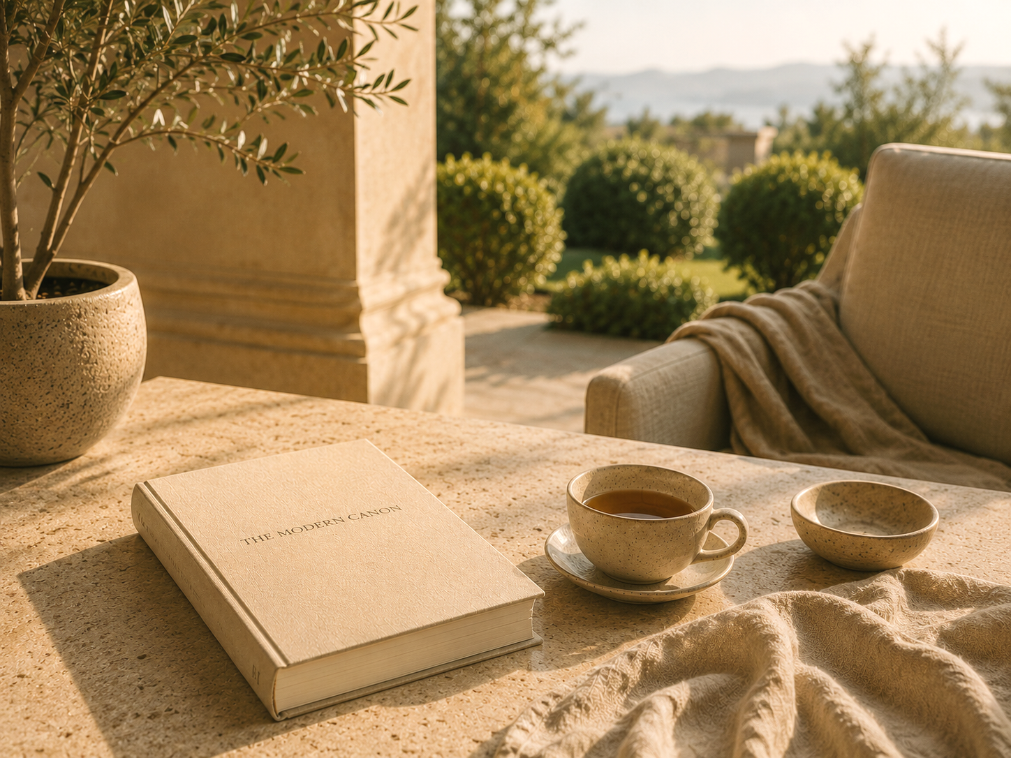 Modern Canon book beside tea in a warm outdoor reading space