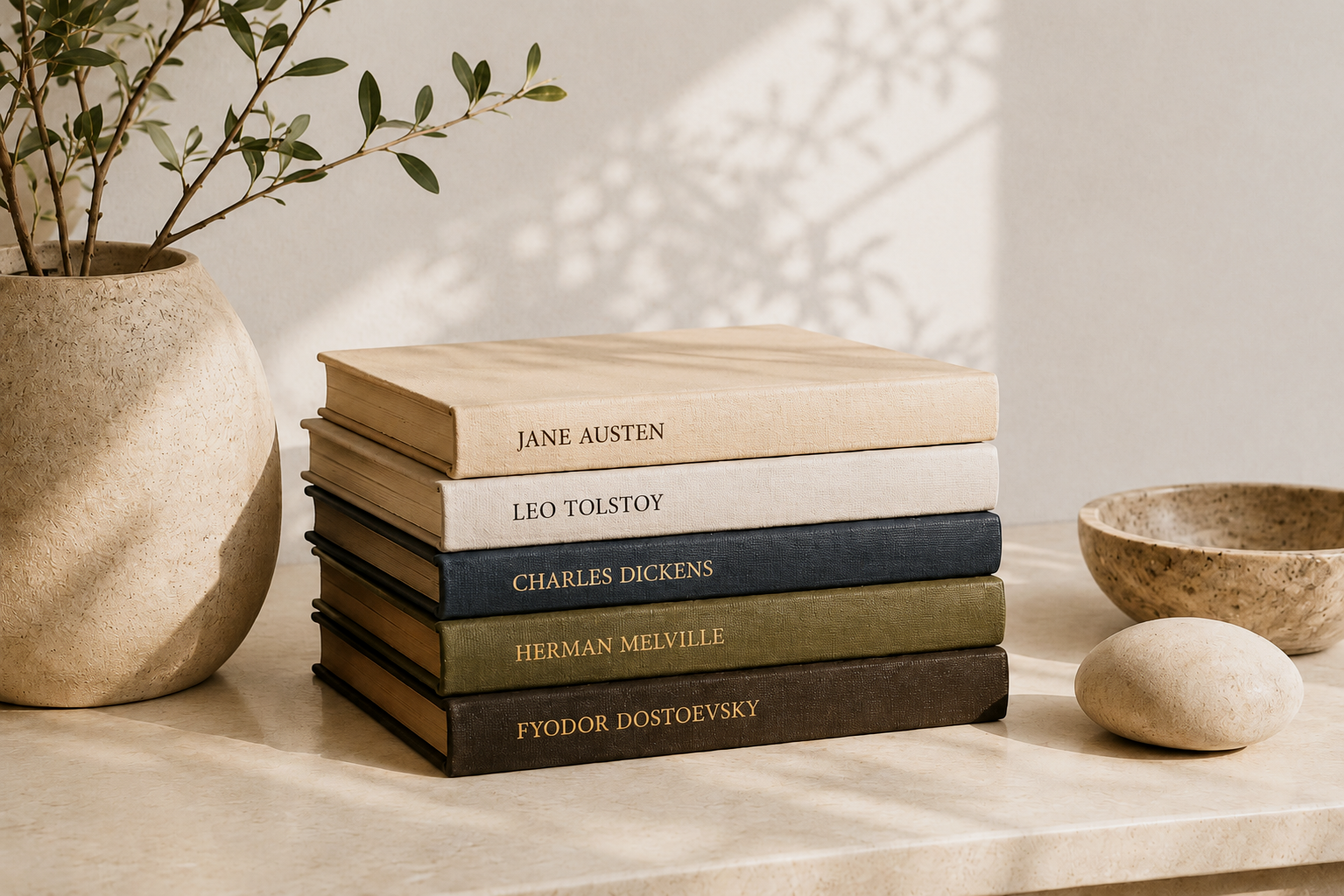 Curated collection of classic literature volumes in a warm, minimalist setting