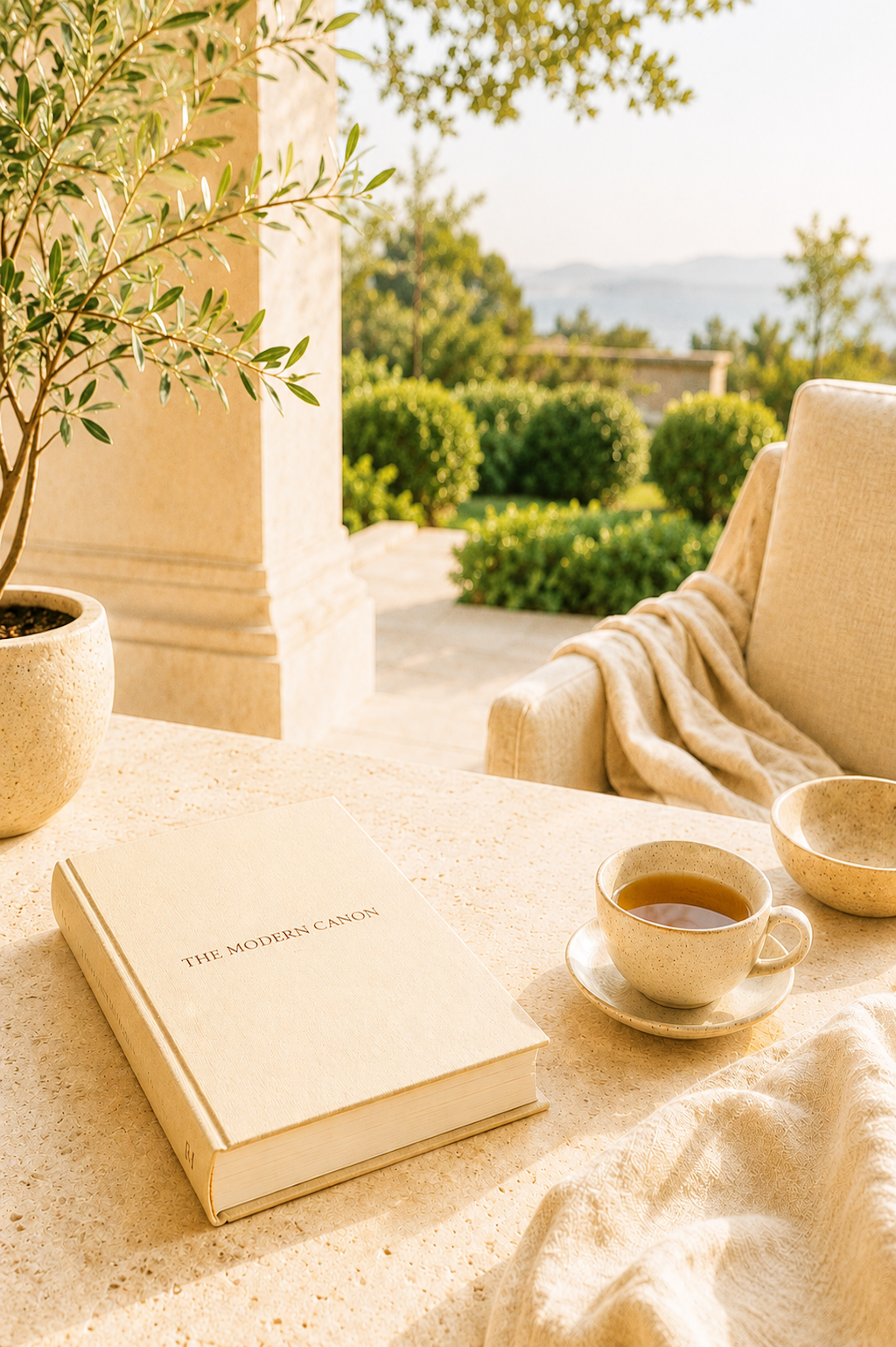 Modern Canon book beside coffee in a warm outdoor reading setting