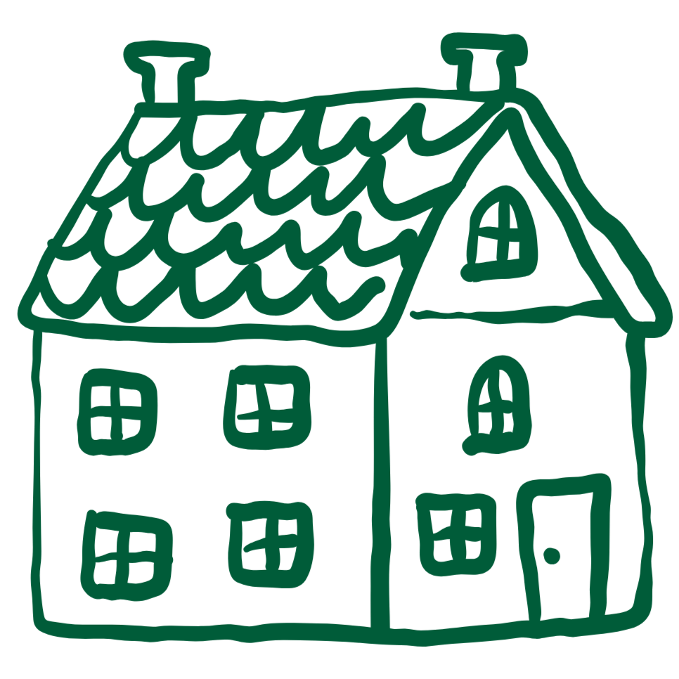 A simple line drawing of a two-story house with a pitched roof, multiple windows, and a door.