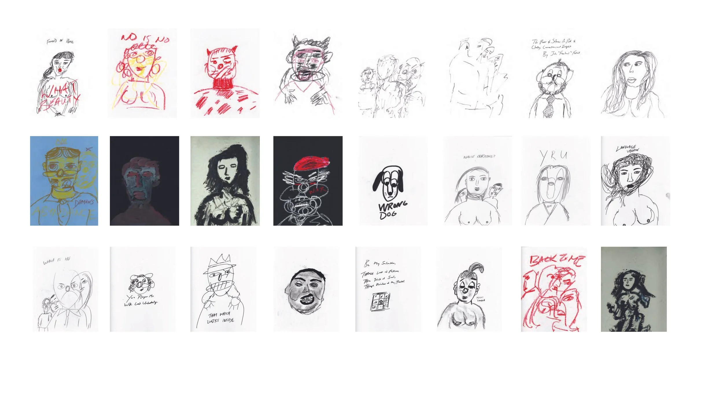 Collection of 20 small sketches and drawings of various faces and characters, some with text, in different artistic styles and mediums.