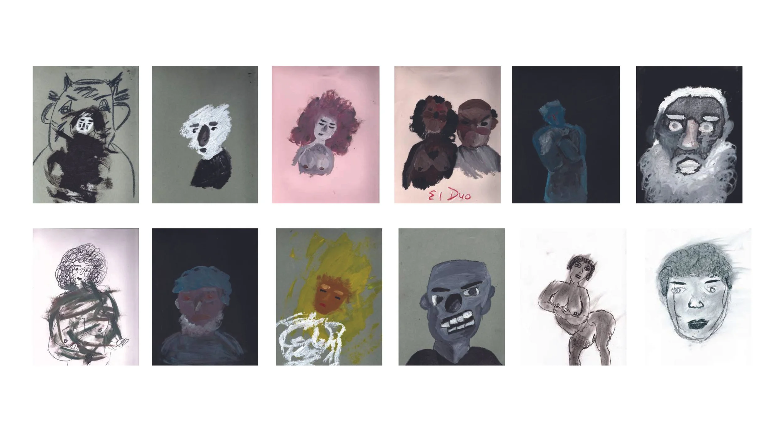 Collection of twenty sketches and paintings of diverse facial expressions and characters, some in black and white, others in color, with various artistic styles.