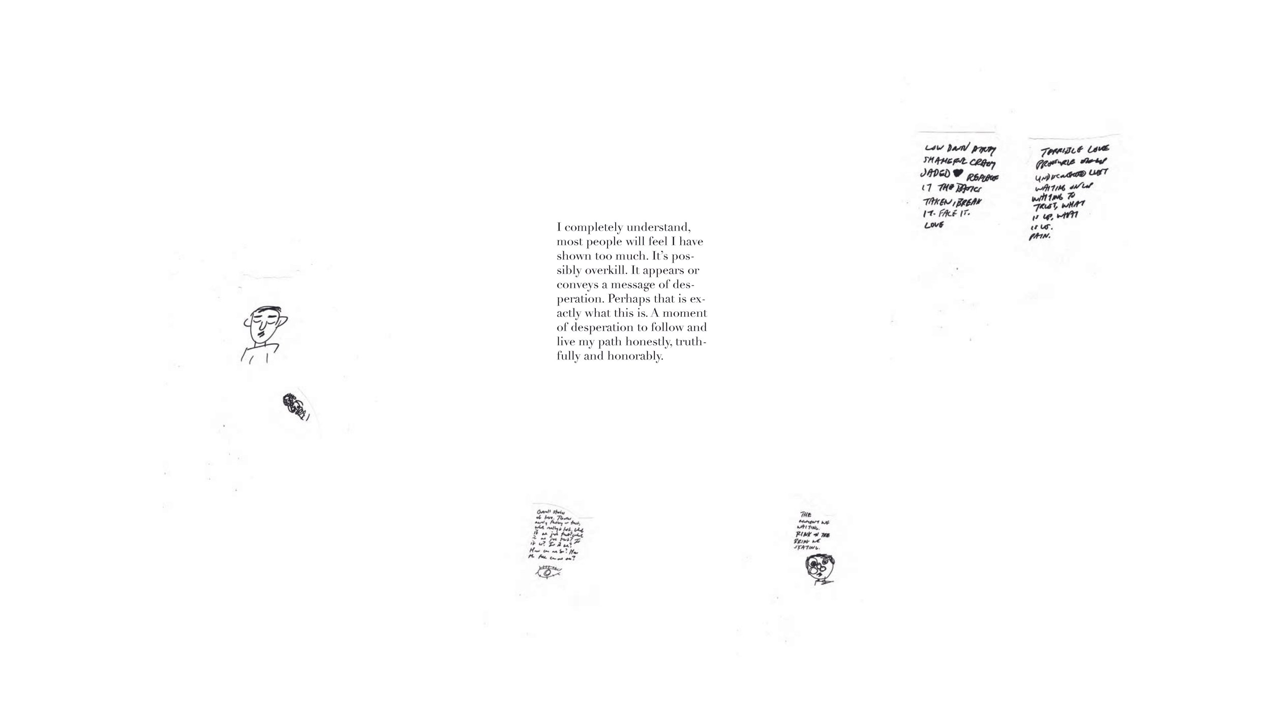 A page with a centered paragraph of text on the right side, accompanied by small drawings and handwritten notes scattered across the left and lower right sections of the page.