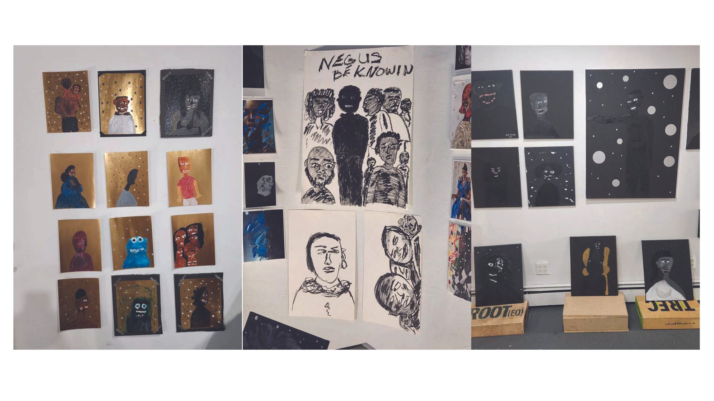 Gallery wall displaying various portraits and illustrations, including painted drawings of diverse characters, black and white sketches, and some abstract art pieces.