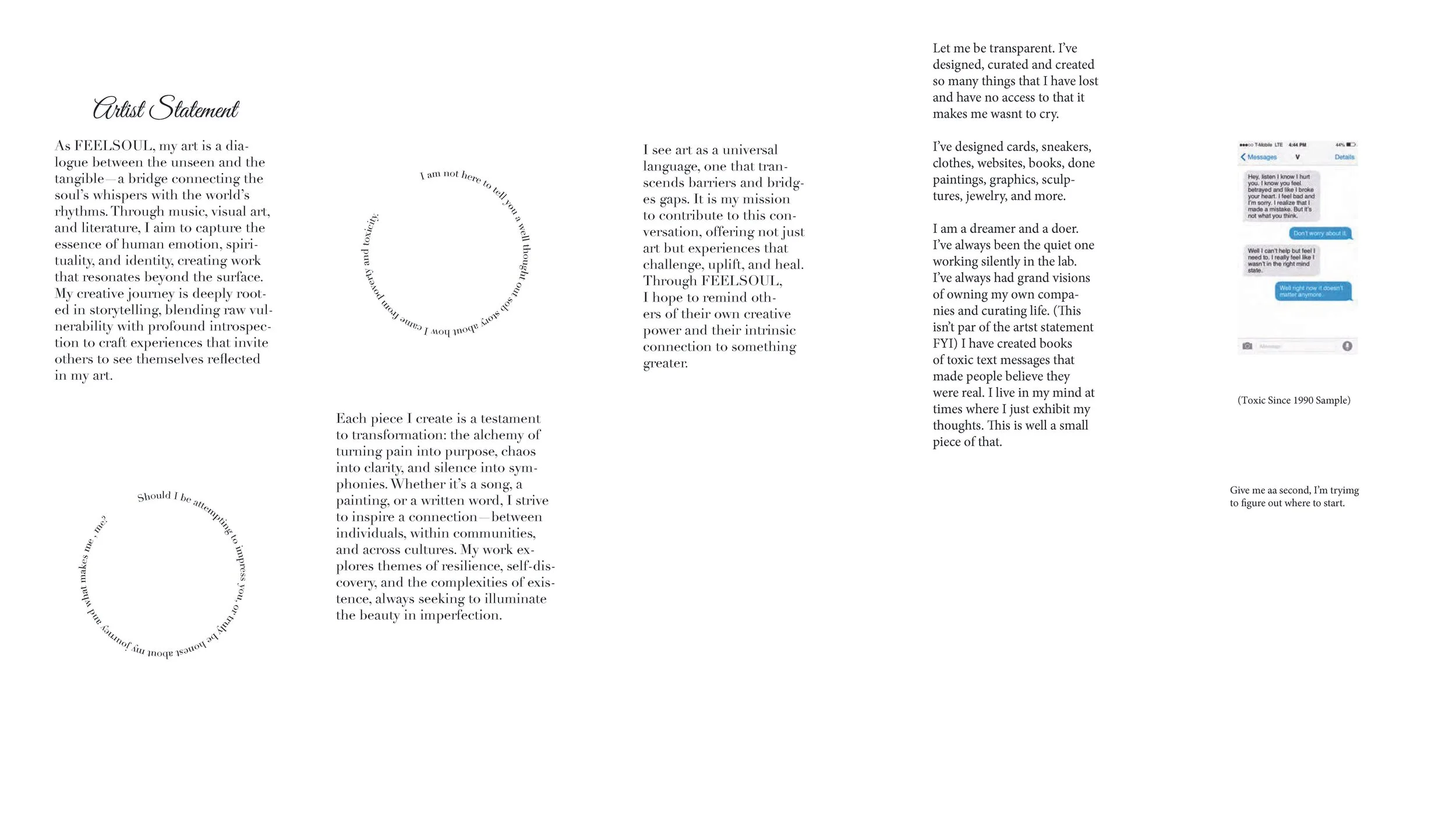 A two-page spread of an artist statement document with text formatted in different orientations, including circular text, and an embedded screenshot of a text message conversation. The document discusses art as a dialogue, themes of resilience, trans