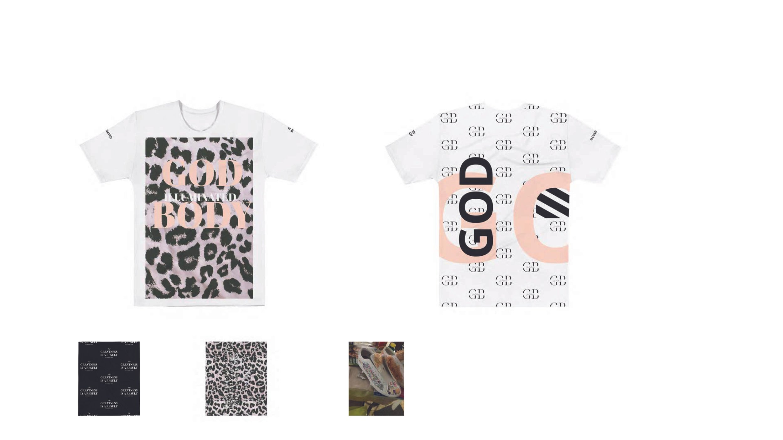 Two white T-shirts with bold designs. The left T-shirt has a large leopard print rectangle with the words 'GOD BOD' in pink and black lettering. The right T-shirt features a repetitive pattern of interlocking 'GD' letters with large pink and black ci