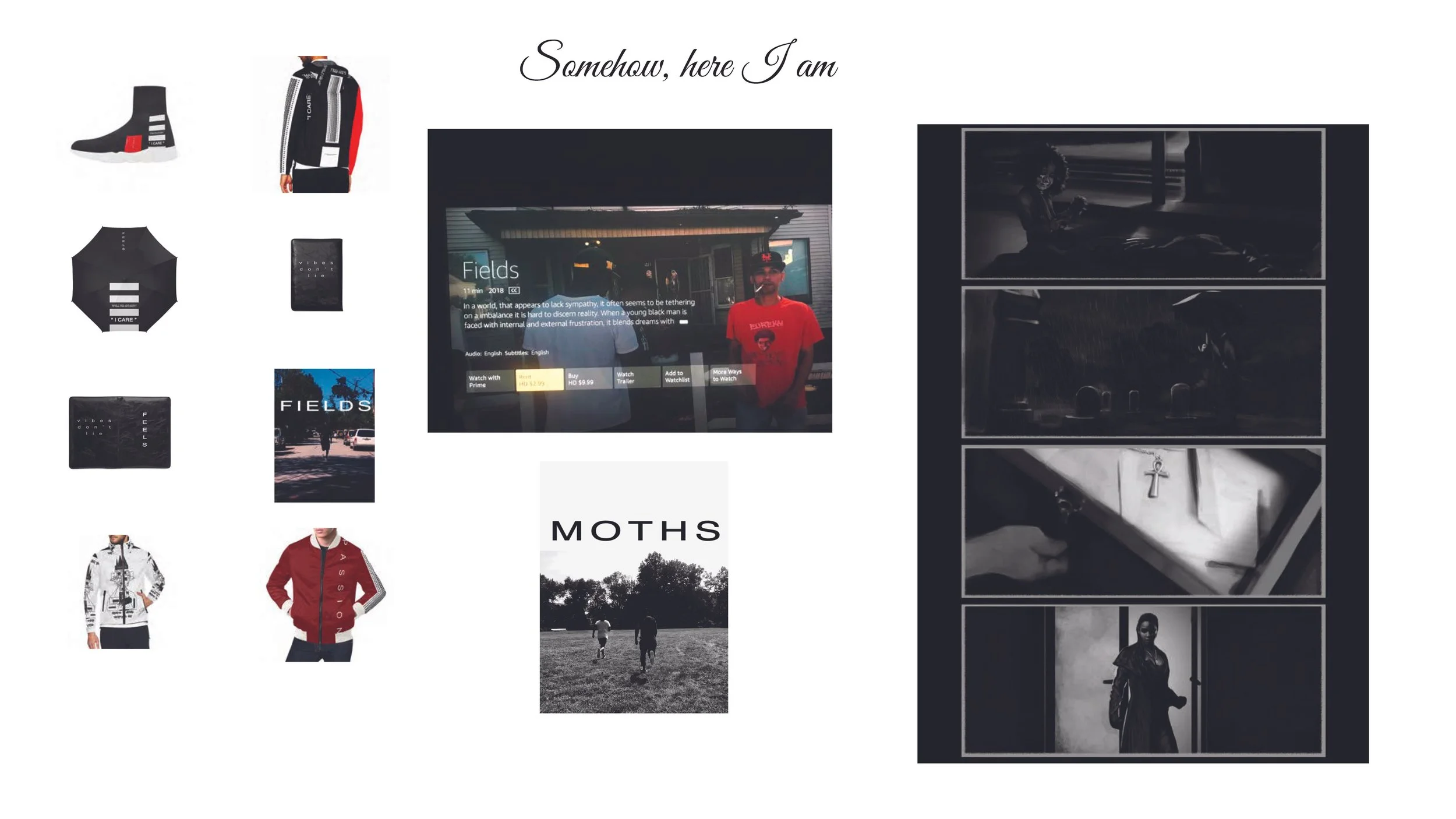 Collage with clothing, a TV screen, black and white photographs, and the phrase 'Somehow, here I am'.