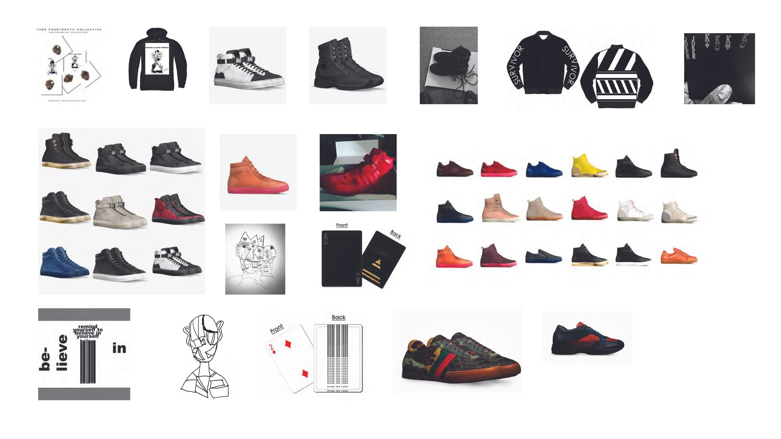 A collection of various sneakers, clothing, and design sketches arranged in a collage. Includes different styles of shoes, jackets, and conceptual sketches, with some cards and graphical designs.