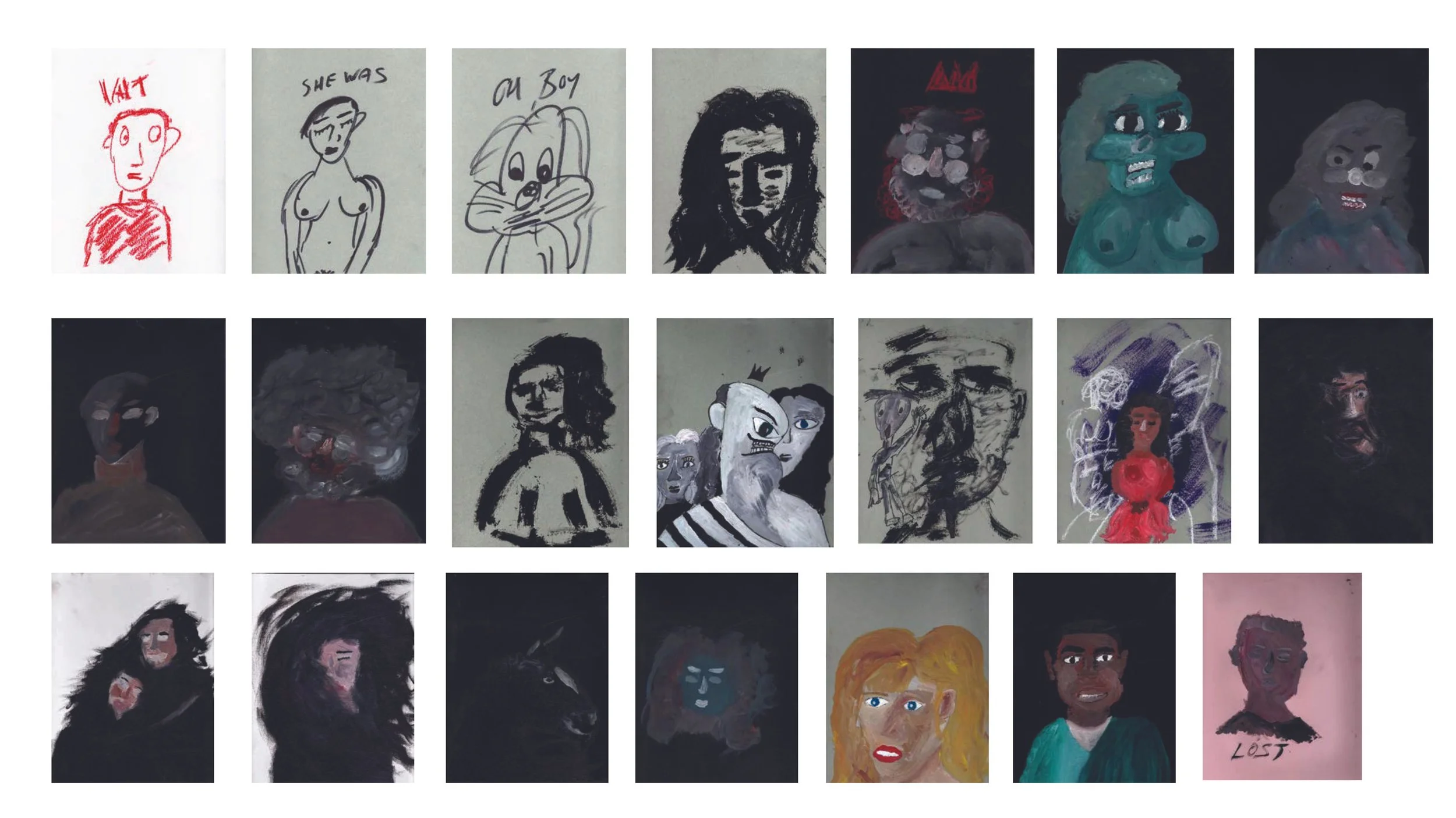 A collage of 20 paintings and sketches of various people, animals, and abstract faces, created with different artistic styles and colors.