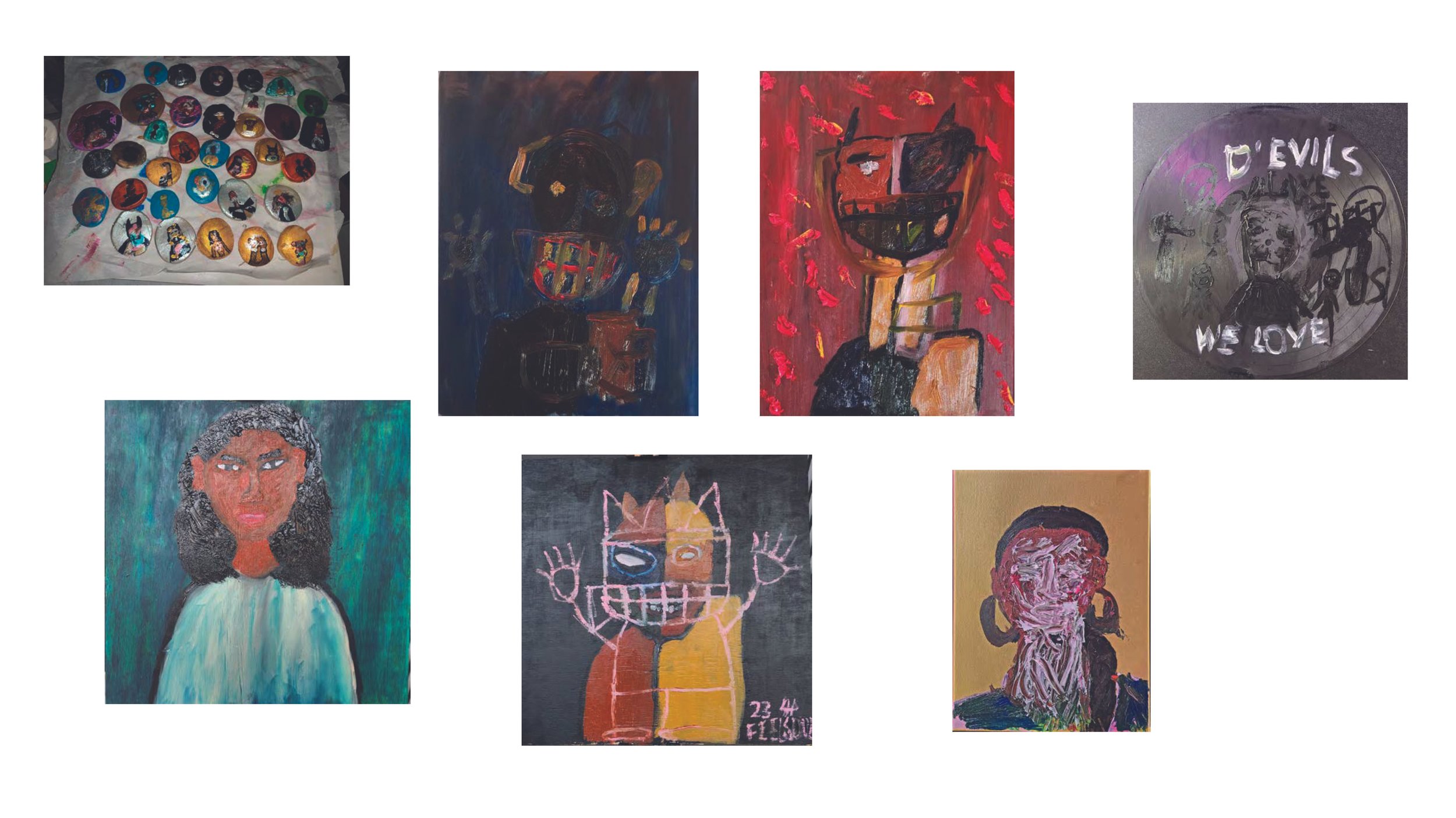 A collage of seven images featuring various artwork and a collection of buttons with painted designs. The artwork includes portraits, abstract figures, and creative illustrations, some with bright colors and expressive styles.