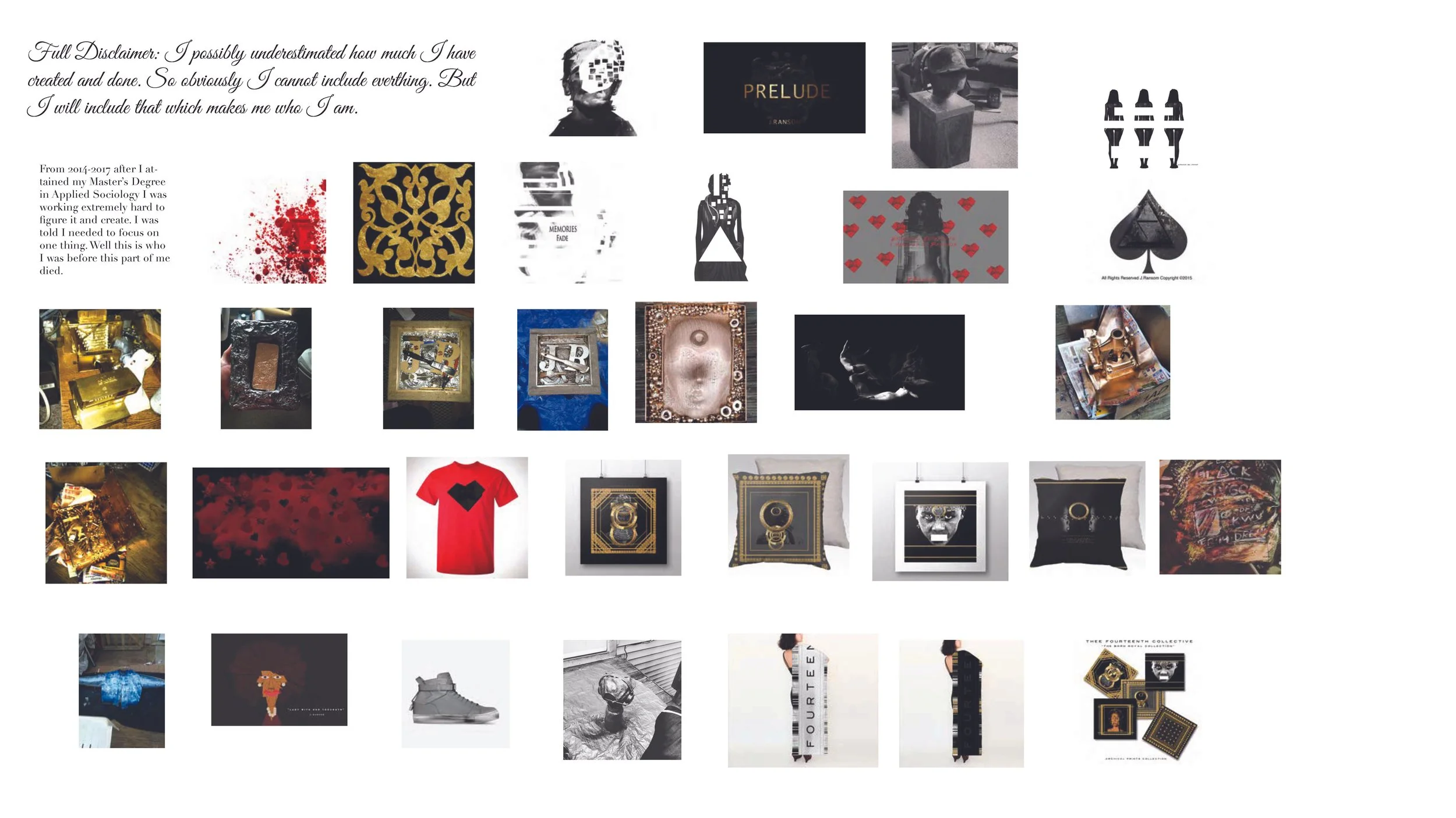 Collection of various artistic and graphic images, including text, portraits, abstract patterns, merchandise, and framed artwork.