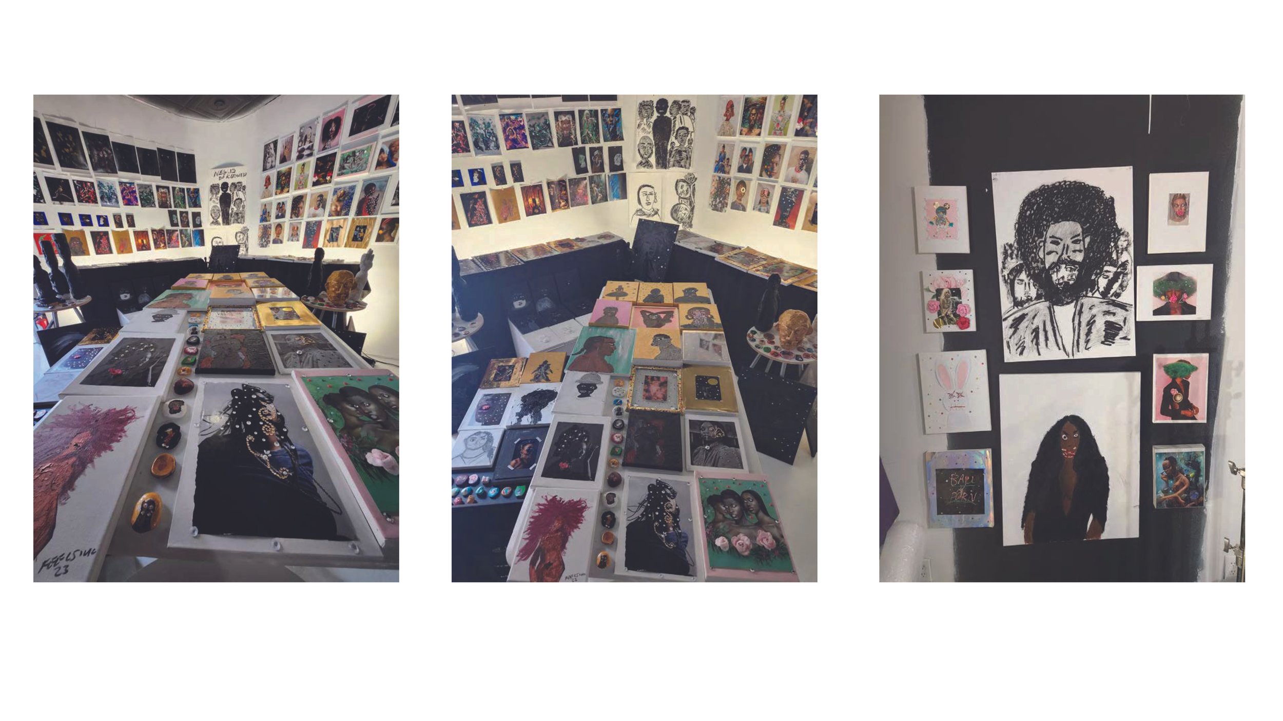 Gallery of artwork including paintings and mixed media on walls and tables, featuring portraits, abstract designs, and various illustrations.